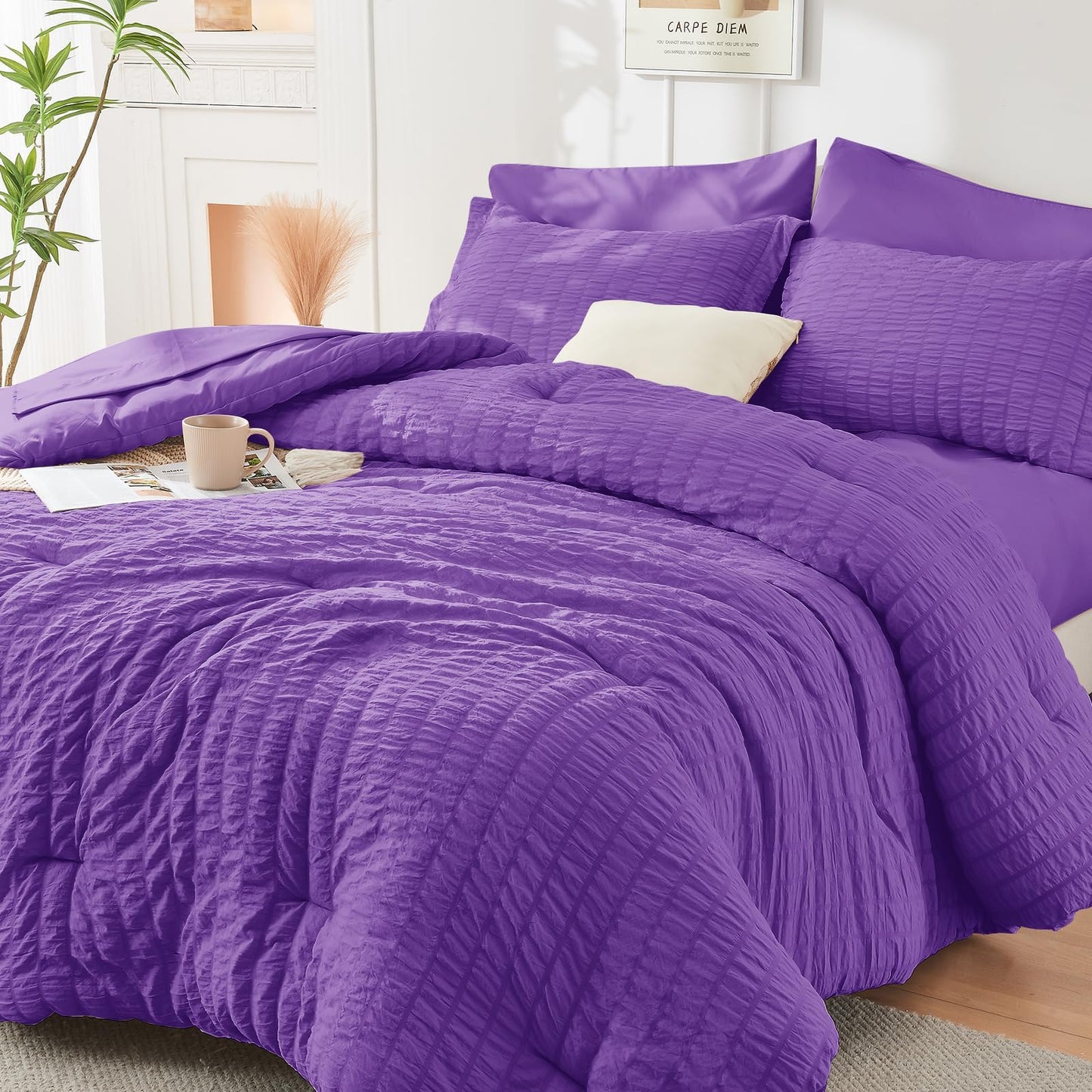 HYMOKEGE Black California King Comforter Set Seersucker 7 Pieces, All Season Luxury Bed in a Bag for Bedroom, Bedding Set with Comforters, Sheets, Pillowcases & Shams