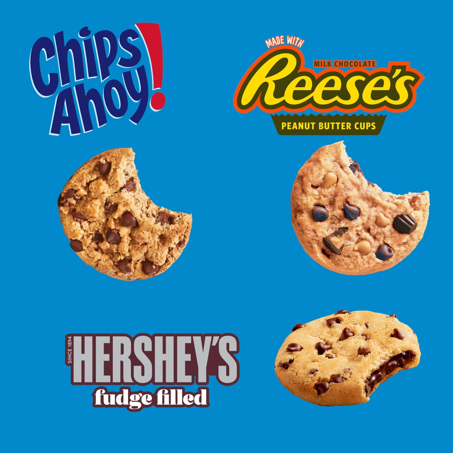 CHIPS AHOY! Cookies Variety Pack, Original Chocolate Chip, Chewy Chocolate Chip with Reese's Peanut Butter Cups & Chewy Hershey's Fudge Filled Soft Cookies, 50 Snack Packs (2 Cookies Per Pack)