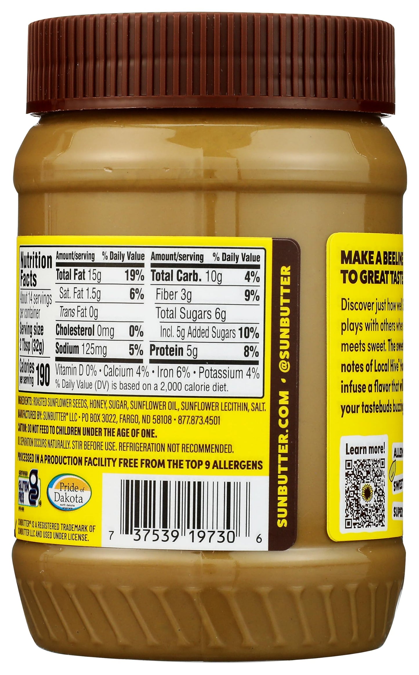 SunButter Honey Sunflower Seed Butter, 16 oz Nut-Free Spread with 5g Plant-Based Protein, Roasted Rich & Savory Flavor, Smooth Texture | Vegan & Kosher