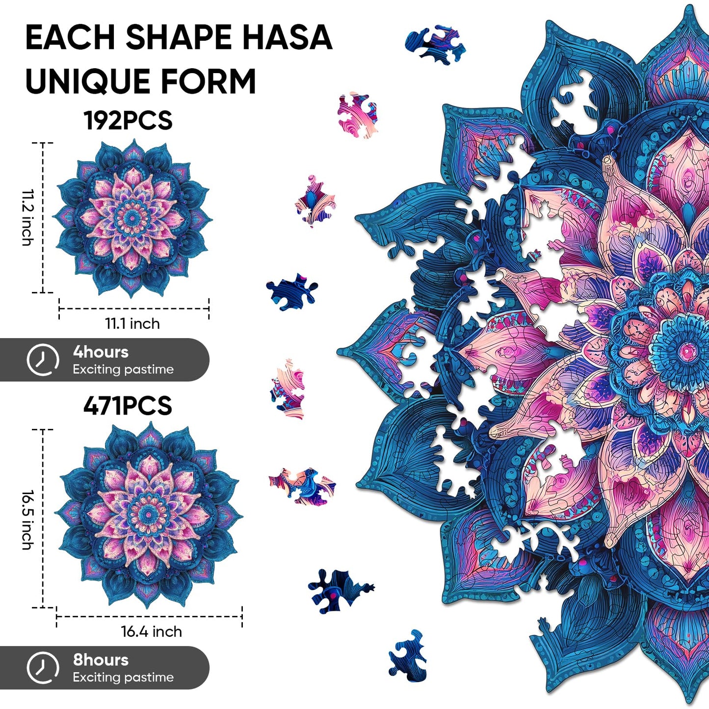 Ixfyloop Mandala Wooden Puzzles for Adults 471 Pieces, Lotus Jigsaw Puzzles Mindfulness Yoga Gift for Women, Relaxing Stress Relief Wooden Puzzles, Wood Puzzles Adult 16.4x16.5 inch