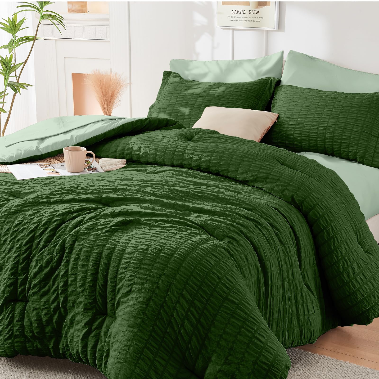 HYMOKEGE Black California King Comforter Set Seersucker 7 Pieces, All Season Luxury Bed in a Bag for Bedroom, Bedding Set with Comforters, Sheets, Pillowcases & Shams