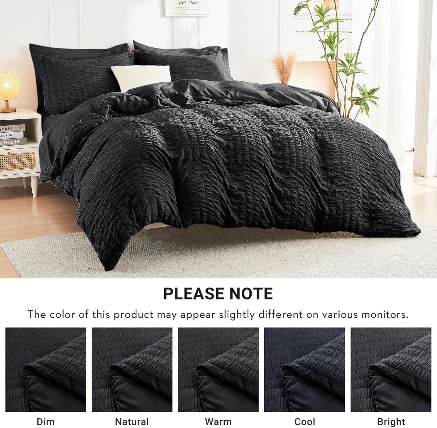 HYMOKEGE Black California King Comforter Set Seersucker 7 Pieces, All Season Luxury Bed in a Bag for Bedroom, Bedding Set with Comforters, Sheets, Pillowcases & Shams