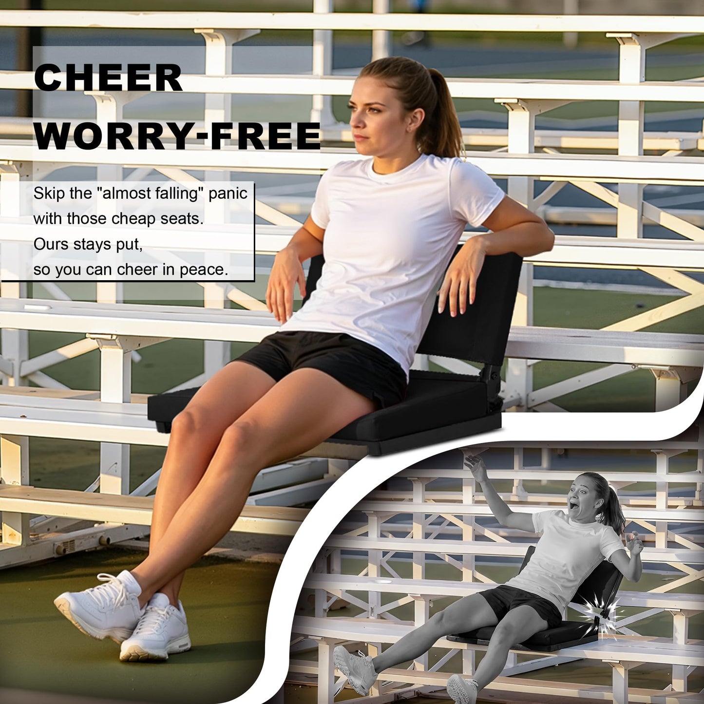 HABUTWAY Stadium Seats with Back Support and Thick Cushion Bleacher Seats with Backs and Cushion Wide, Stadium Chairs Include Shoulder Strap and Pocket, Perfect for Sports Events (Black)