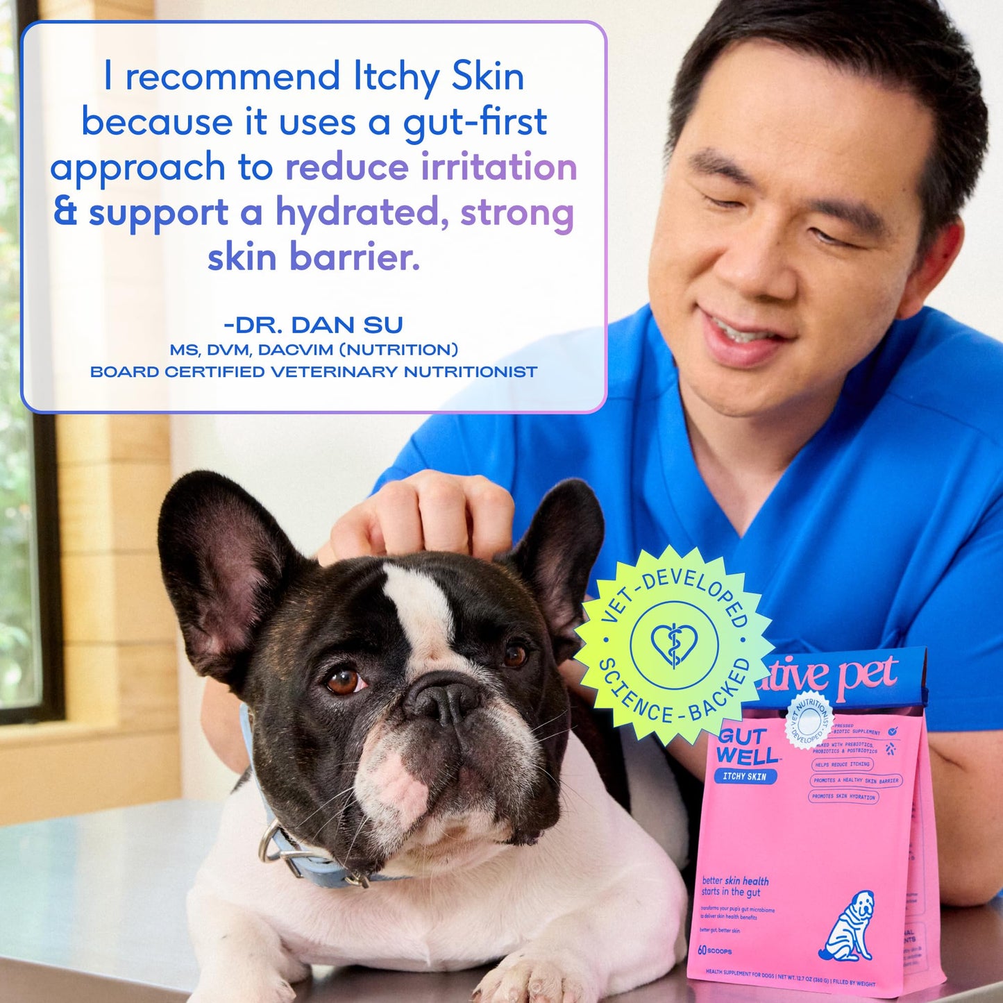 GutWell Itchy Skin - Dog Itching Skin Relief & Seasonal Allergy Itch Relief for Dogs - Promotes Skin Hydration, Elasticity & Healthy Barrier with Triple-biotic Blend, Zinc, & Vitamin E - 120 Scoops