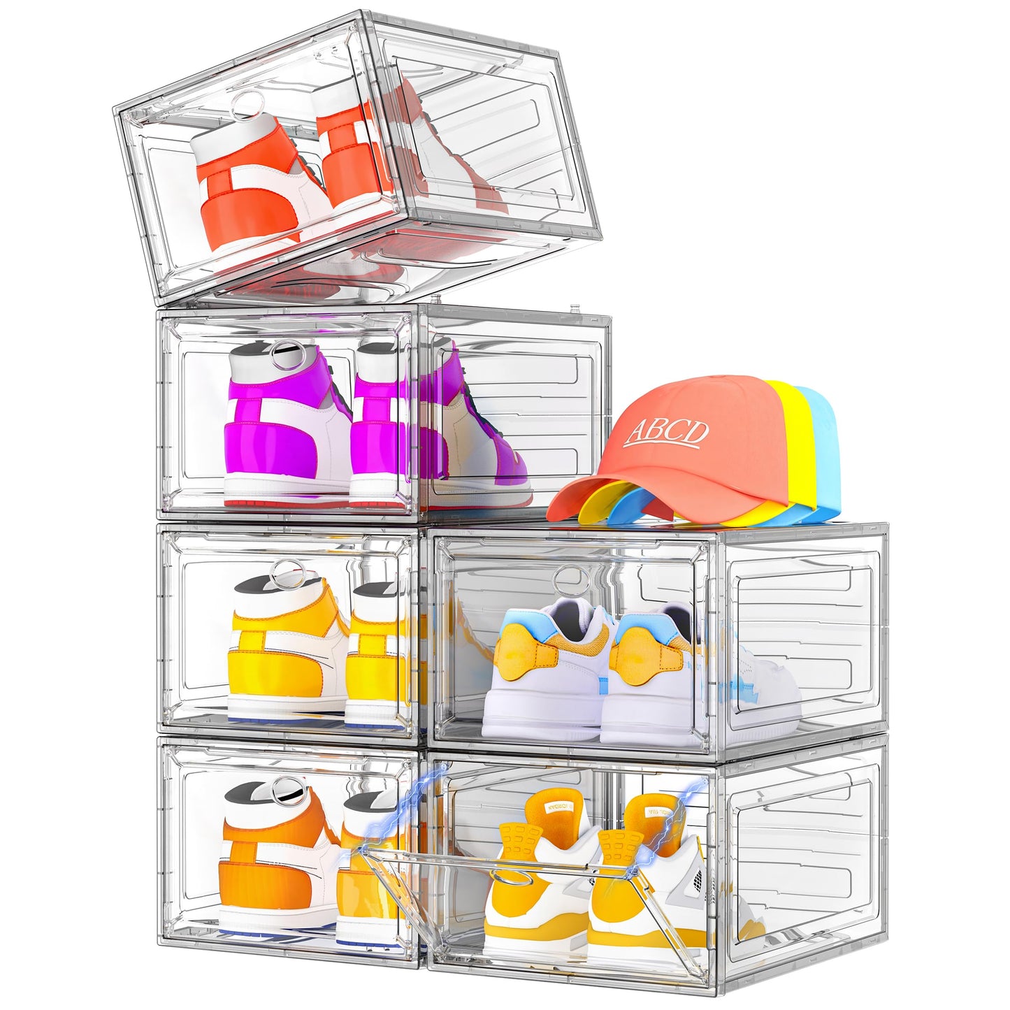 7 code Large Clear Shoe Boxes Organizer【Thicker Material】 Stronger Shoe Box with Magnetic Door, Stackable Shoe Storage Box for Closet, Foldable Space-Saving Storage Bins Shoe Cabinet, Black 9-Pack