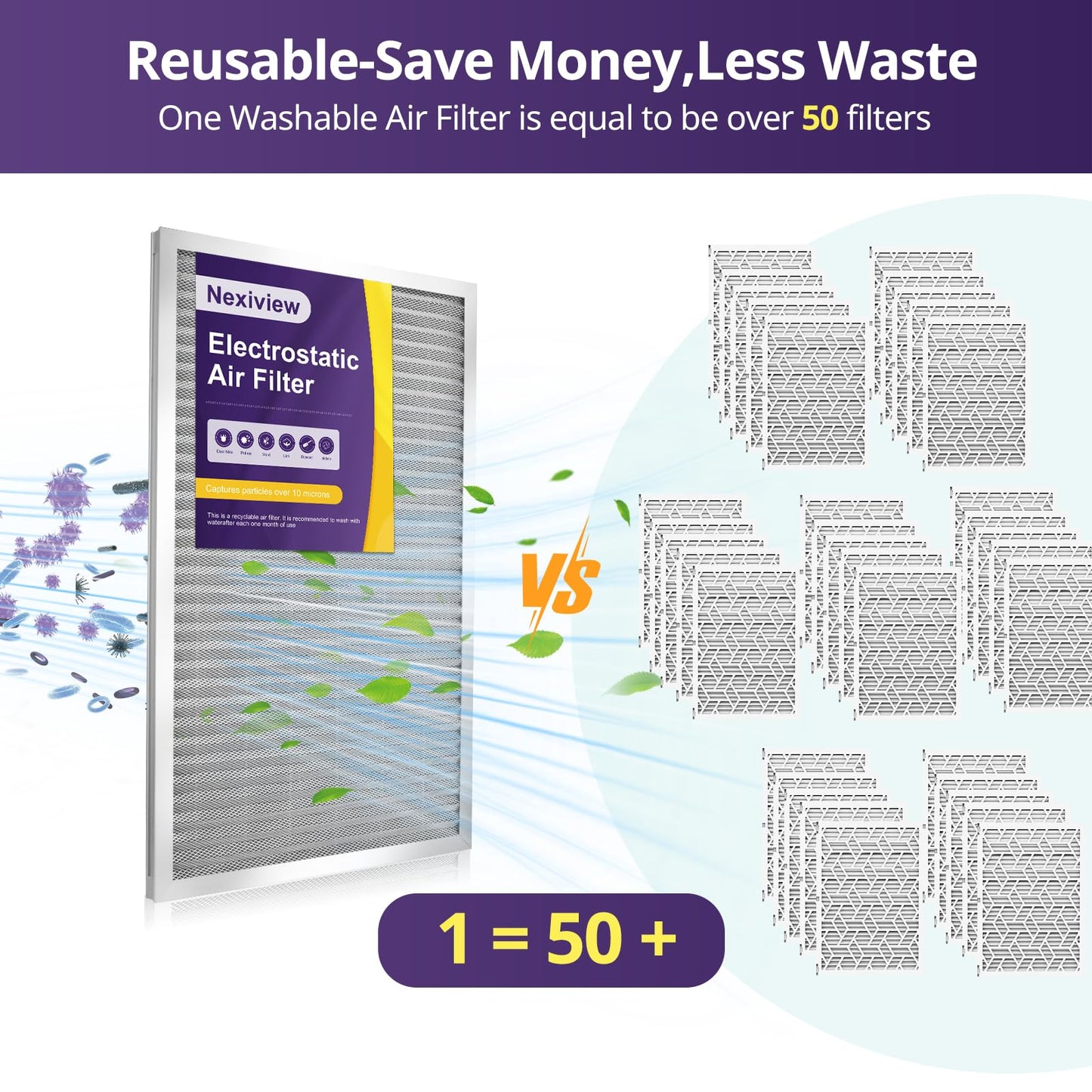 Nexiview 14x25x1 Furnace Filter-MERV8, Washable & Reusable Electrostatic Air Filter, AC/HVAC Furnace Filter, Permanent Air Filter, Breathe Fresher, Easy Install