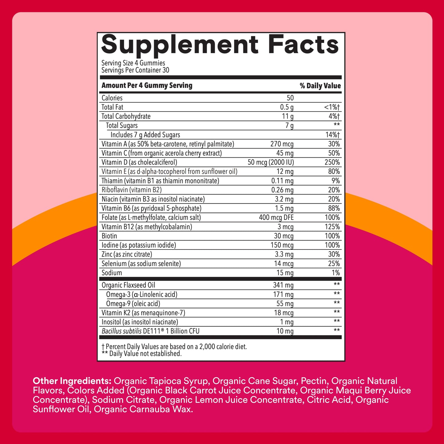 SmartyPants Women’s Organic Multi & Probiotics Multivitamin Gummies with Bacillus Subtilis [DE111], Omega 3 ALA, Methylfolate, Vitamin C, B12, Clean Label, 3 Fruit Flavors, 120 Count (30 Day Supply)