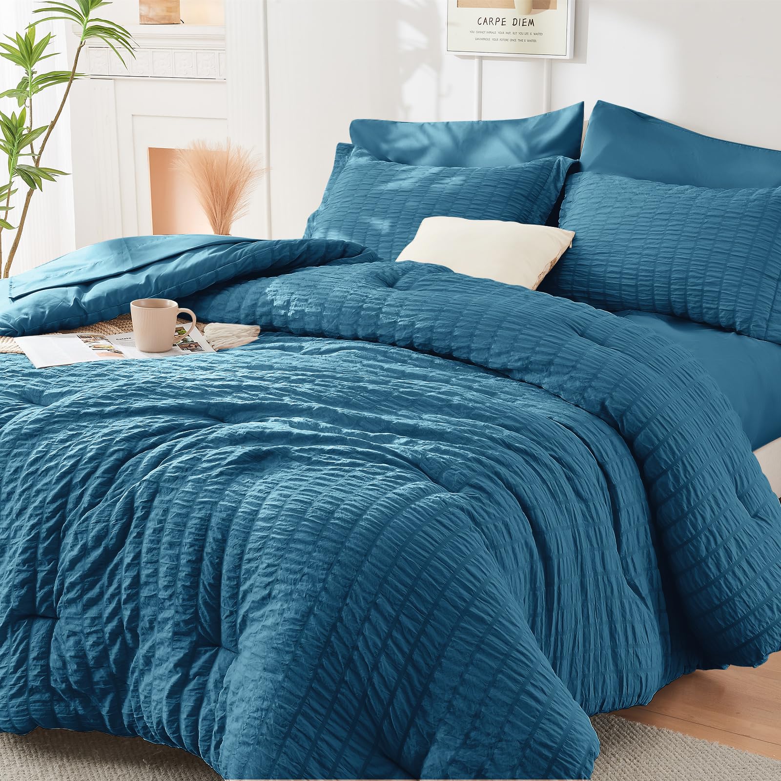 HYMOKEGE Black California King Comforter Set Seersucker 7 Pieces, All Season Luxury Bed in a Bag for Bedroom, Bedding Set with Comforters, Sheets, Pillowcases & Shams