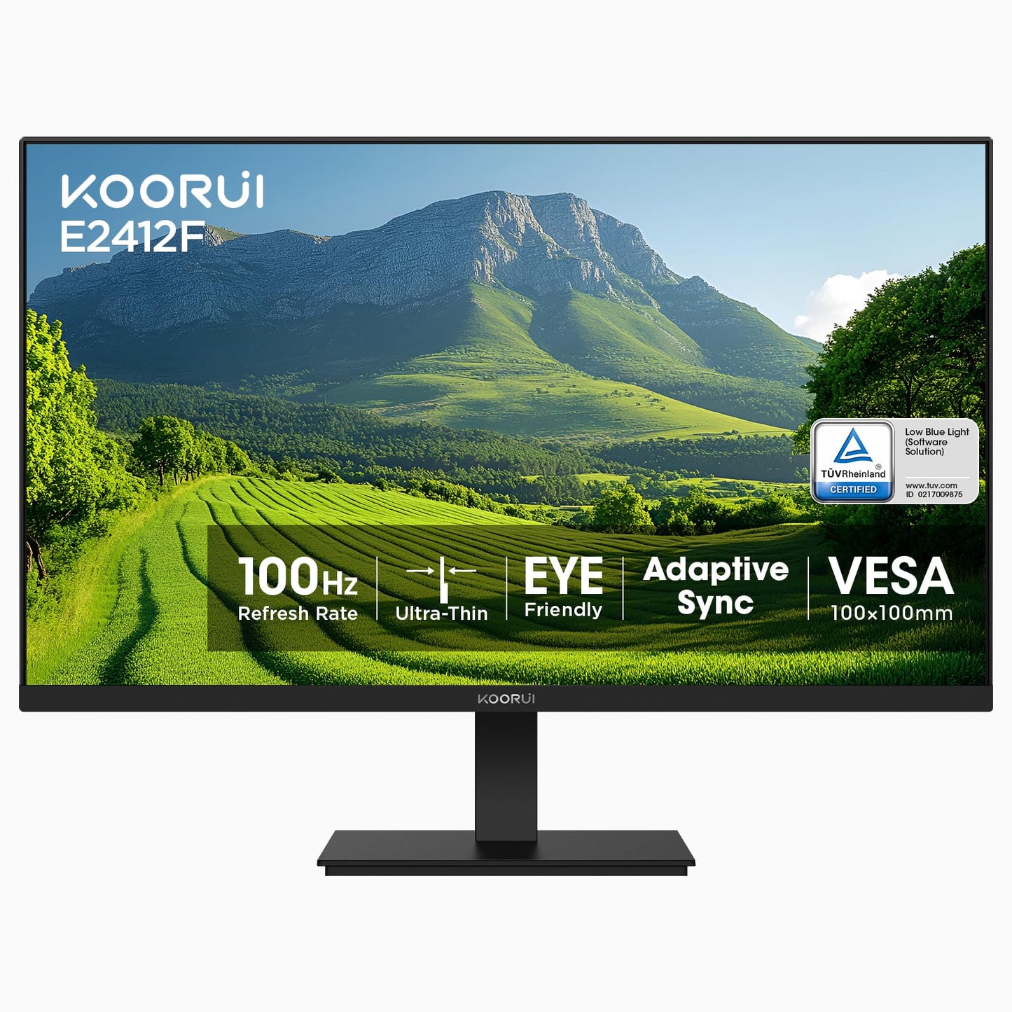 KOORUI 24-inch Computer Monitor Full HD 1920 x 1080p 100Hz VA Display 4000:1 Contrast Ratio with HDMI VGA, TÜV Rheinland Certified, 100 x 100 mm VESA Mountable, Ultra-Slim Design, Tilt, Black, E2412F