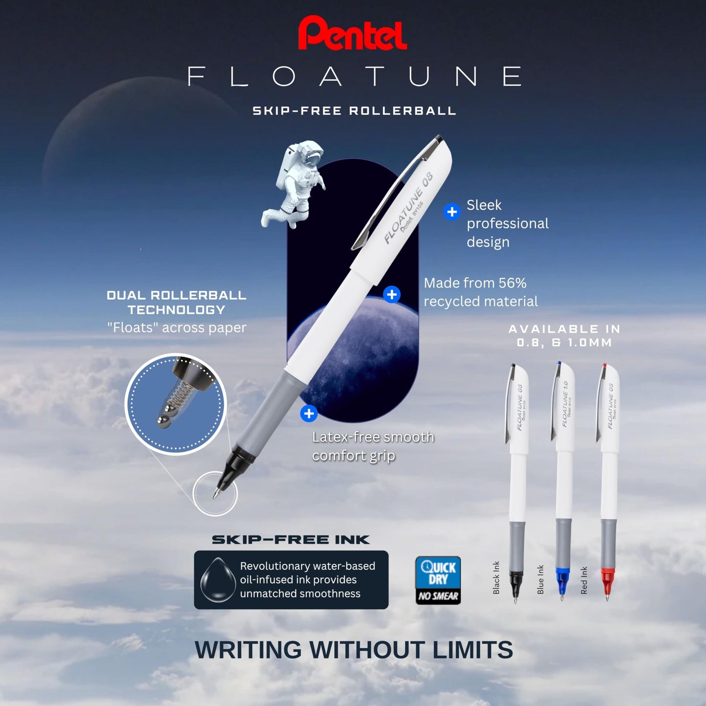 Pentel Floatune Rollerball Pen, (0.8mm), Medium Point, Black/Blue/Red Ink, Pack of 8 pens (BY108PF8OFC)