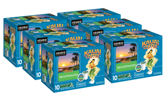 Kauai Coffee K-Cup Pods for Keurig Brewers – Arabica Coffee, 10% Hawaiian – Medium Roast, Bright Aroma with Floral Notes – Decaf, 6 Packs of 10 Single Serve K-Cups