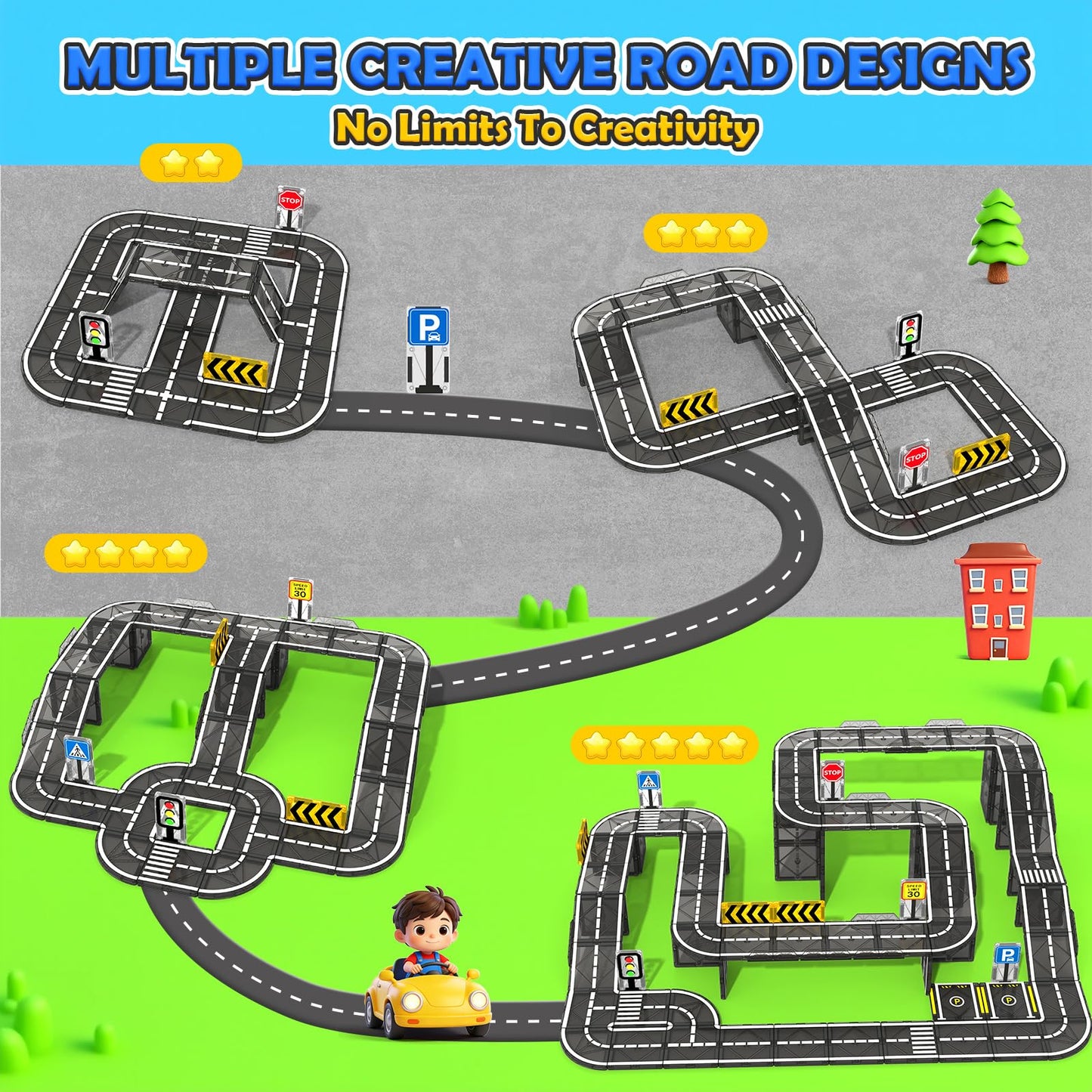 IGIVI Magnetic Tiles Road Expansion Pack, STEM Magnetic Building Blocks for Kids, Educational Montessori Sensory Toys for Kids Ages 3-5 4-8 5-7, Christmas Birthday Gift for 3+ Year Old Boys Girls