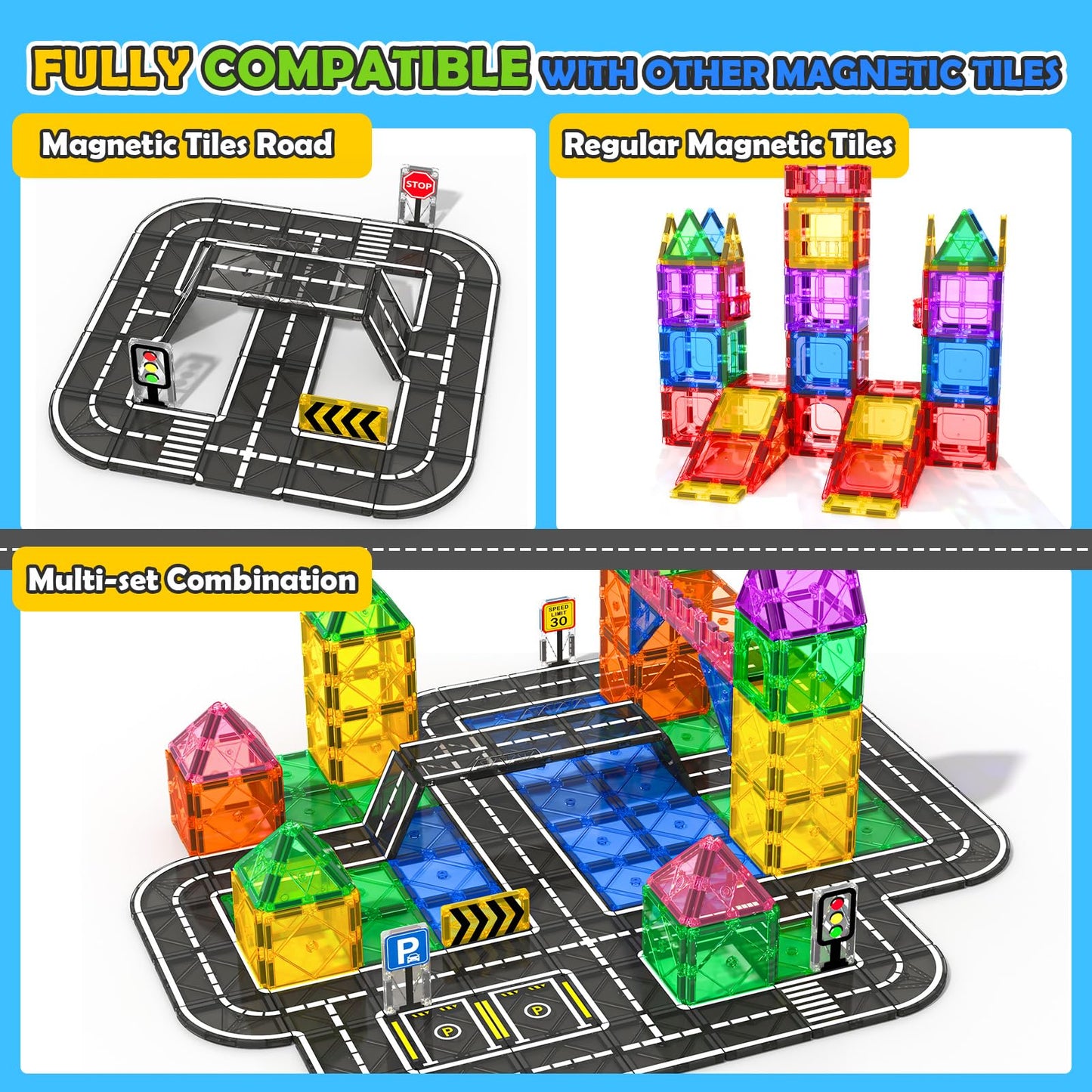 IGIVI Magnetic Tiles Road Expansion Pack, STEM Magnetic Building Blocks for Kids, Educational Montessori Sensory Toys for Kids Ages 3-5 4-8 5-7, Christmas Birthday Gift for 3+ Year Old Boys Girls