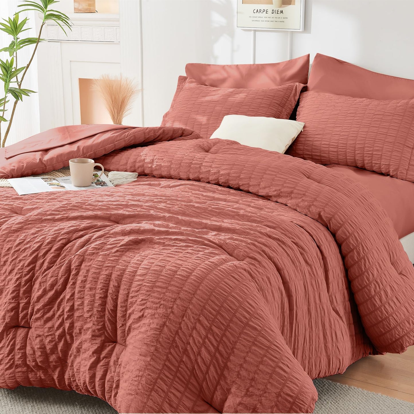 HYMOKEGE Black California King Comforter Set Seersucker 7 Pieces, All Season Luxury Bed in a Bag for Bedroom, Bedding Set with Comforters, Sheets, Pillowcases & Shams