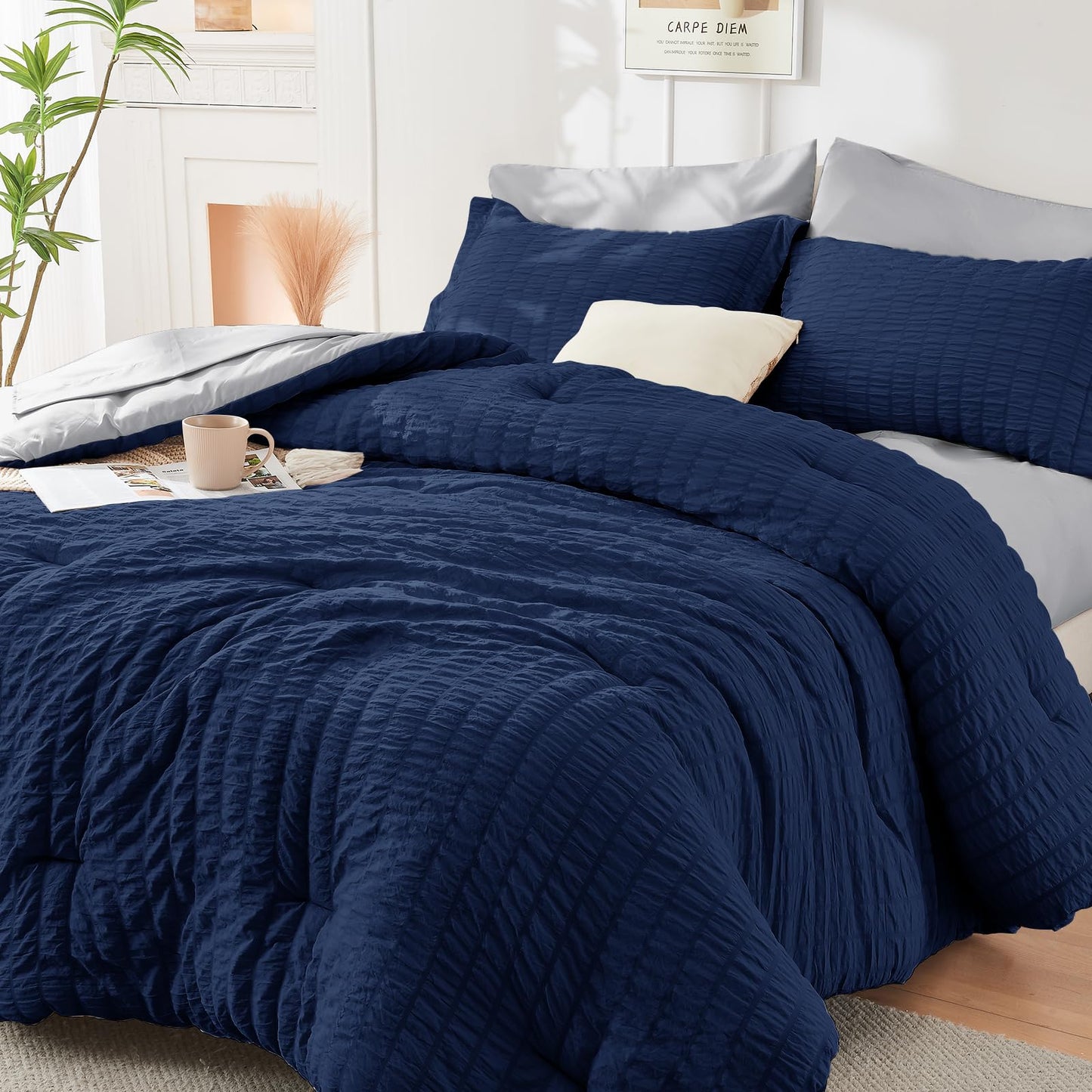 HYMOKEGE Black California King Comforter Set Seersucker 7 Pieces, All Season Luxury Bed in a Bag for Bedroom, Bedding Set with Comforters, Sheets, Pillowcases & Shams