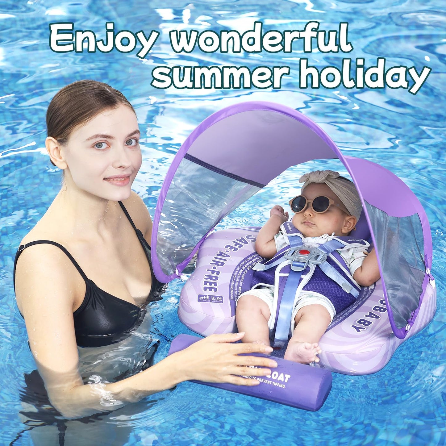 Mambobaby Float with Canopy Size Improved Non Inflatable Infant Pool Float Smart Mambo Float Swim Trainer Add Tail Baby Swim Float Mambo Baby Float Solid Air Free Water Waist Swimming Ring