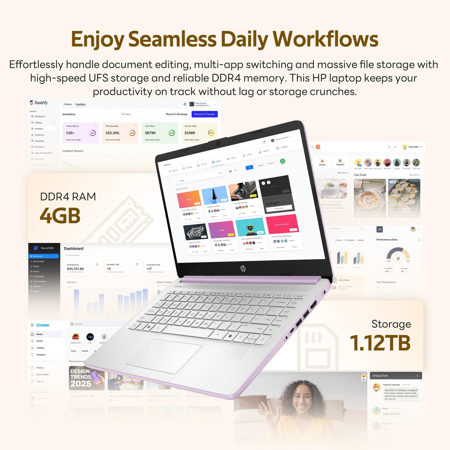 HP Stream 14" Laptop with AI Copilot, Flagship for Students & Business, 13th Gen Intel 4-Core, 4GB RAM, 1.12TB Storage (128GB UFS + 1TB Docking Station), Office 365 1-Year, Win 11 S, Lavender Purple