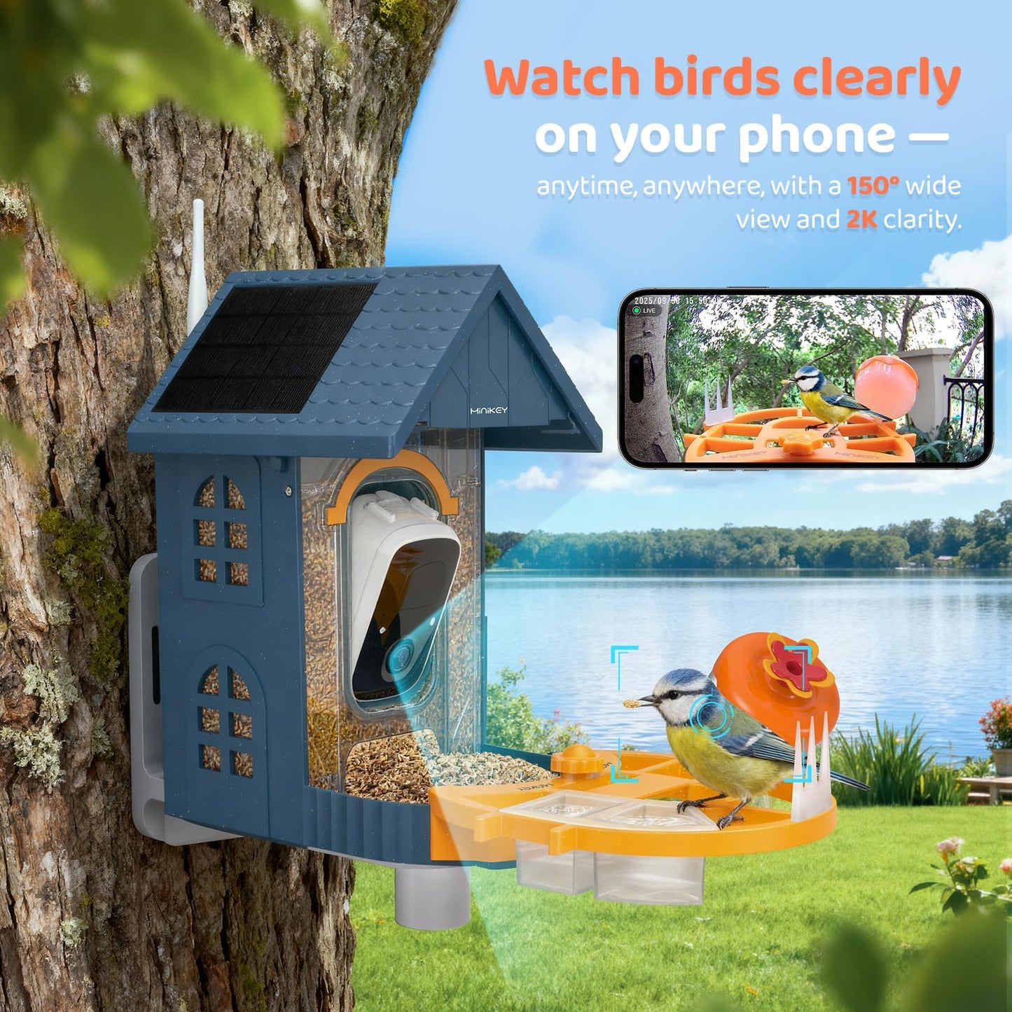 Smart Bird Feeder with Camera Outdoor Birdhouse:AI Identifies 11000+ Species, Features 3K HD Quality and Arrived Alerts Function,Powered by 3 Solar Panels,Gifts for Mom Dad Bird Lovers