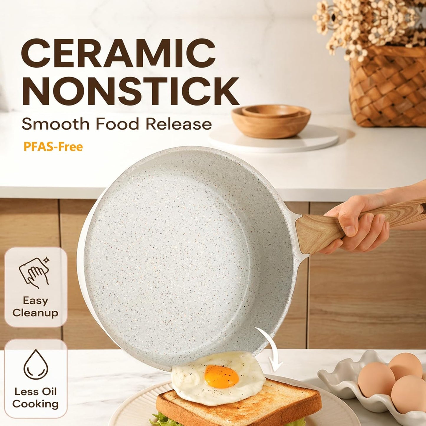 SENSARTE Nonstick Ceramic Cookware Set, 13-Piece Non-toxic Pots and Pans Set, Healthy Kitchen Cooking Set with Stay-Cool Handles, Silicone Tools and Pot Protectors, PFAS Free