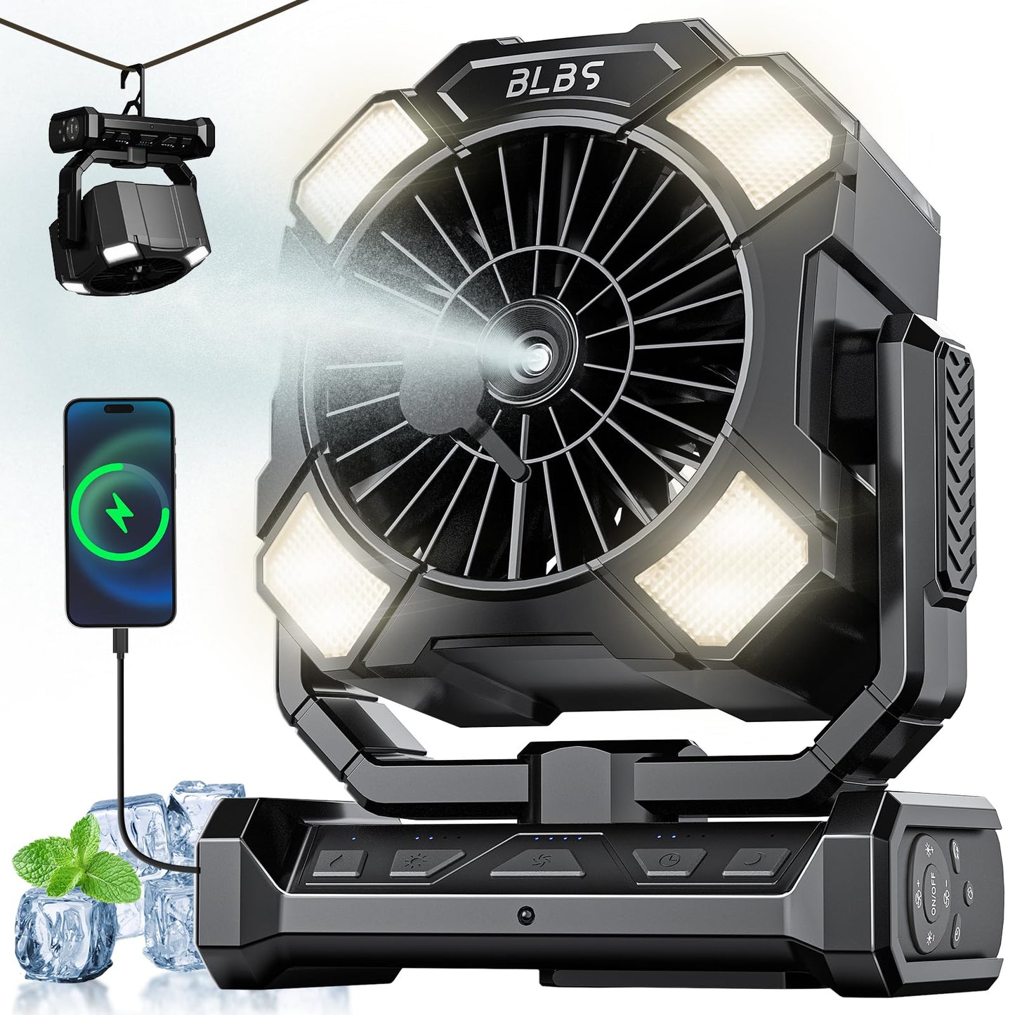 BLBS Camping Misting Fan, 24000mAh Rechargeable Battery Powered, 80H Runtime, 300ml Water Tank, LED Light & Hook, Portable Outdoor Fan for Camping Travel（Black）