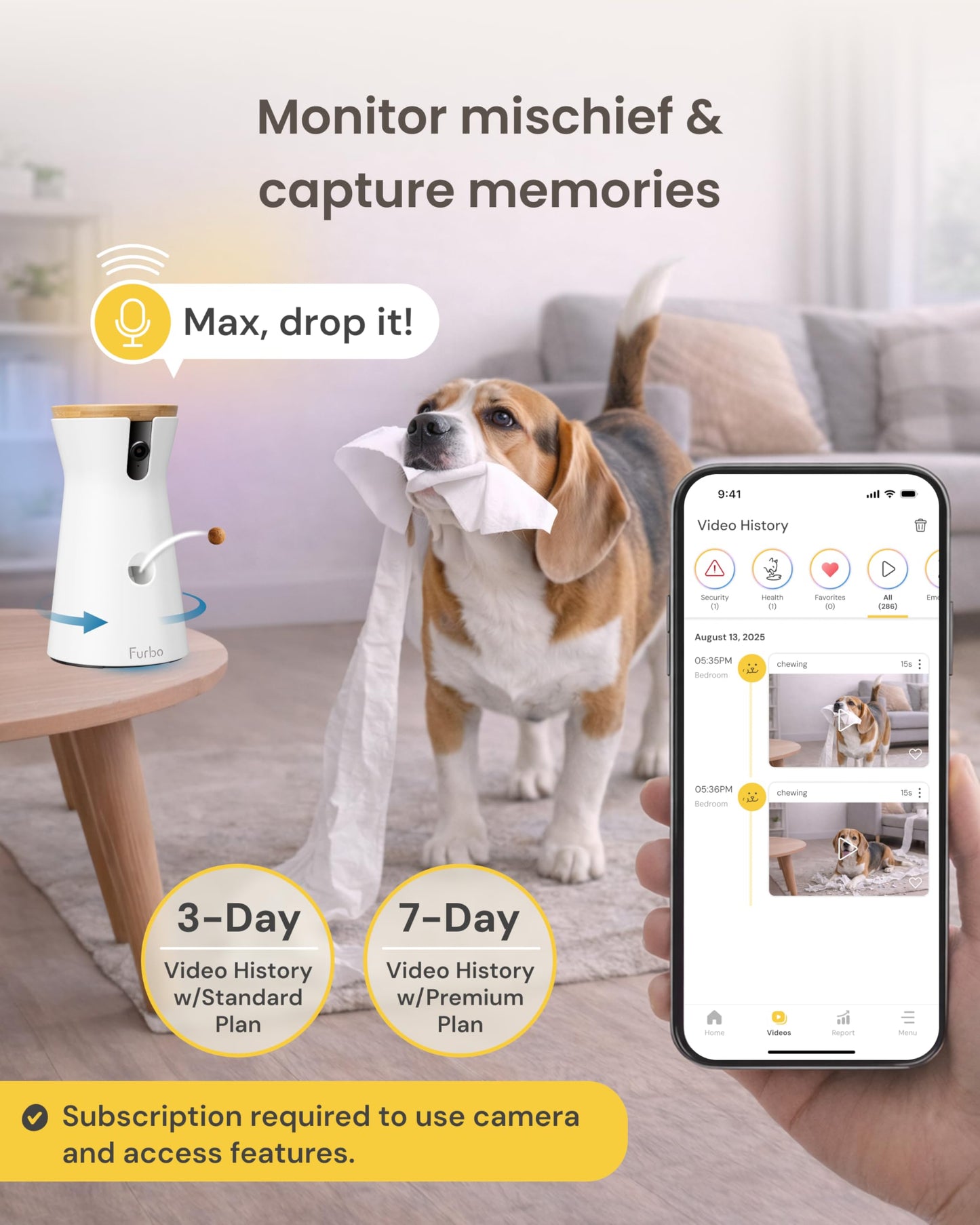 Furbo 360° Dog Camera [Subscription Required] Unlock w/Paid Plan: Home Security & Dog Safety Alerts, Rotating Pet Treat Toss, 2-Way Speaker (Low Risk, 3mo Min. Cancel Anytime)