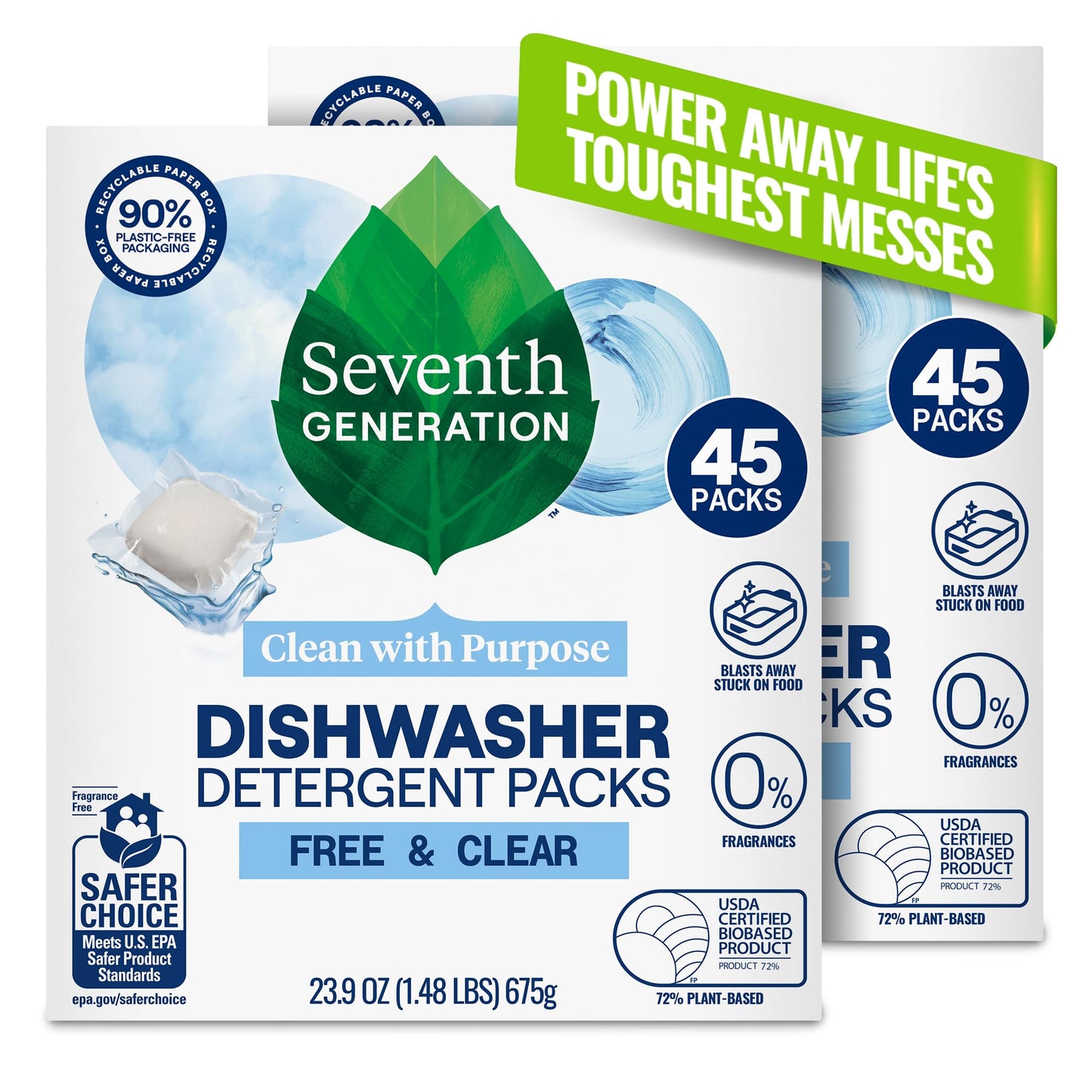 Seventh Generation Dishwasher Detergent Packs Free & Clear Pack of 2 for sparkling dishes Dishwasher tabs 45 count