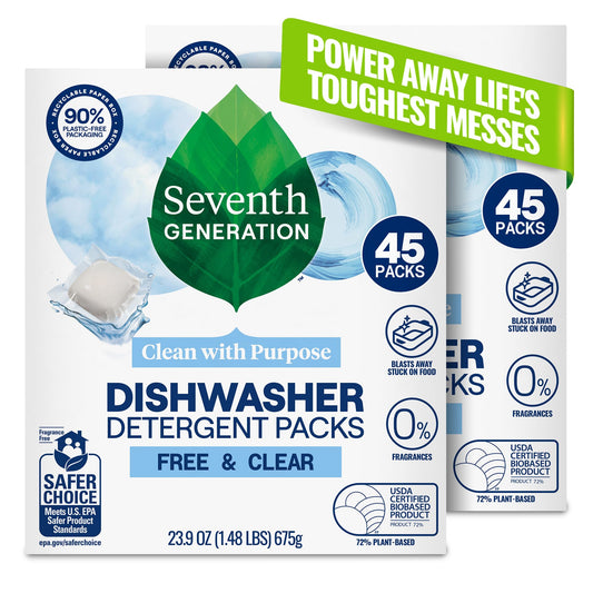 Seventh Generation Dishwasher Detergent Packs Free & Clear Pack of 2 for sparkling dishes Dishwasher tabs 45 count