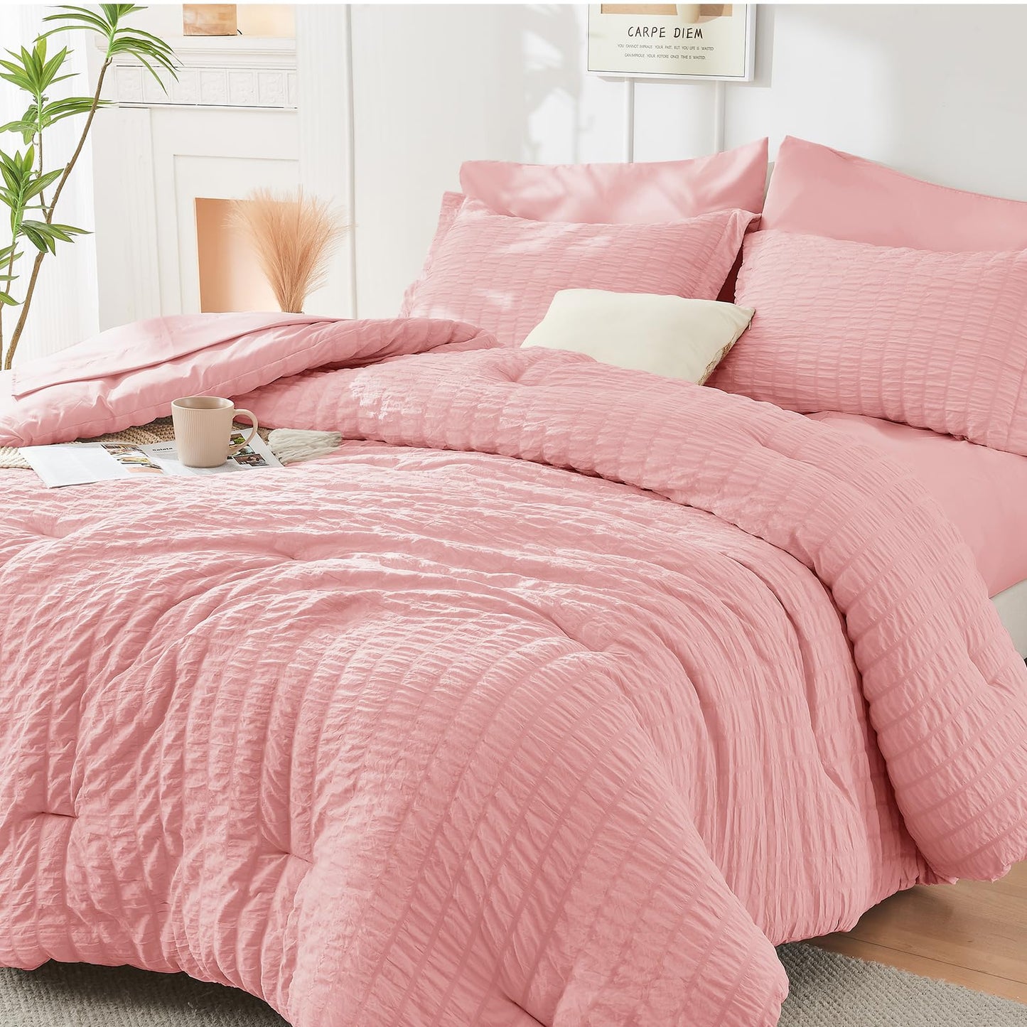 HYMOKEGE Black California King Comforter Set Seersucker 7 Pieces, All Season Luxury Bed in a Bag for Bedroom, Bedding Set with Comforters, Sheets, Pillowcases & Shams