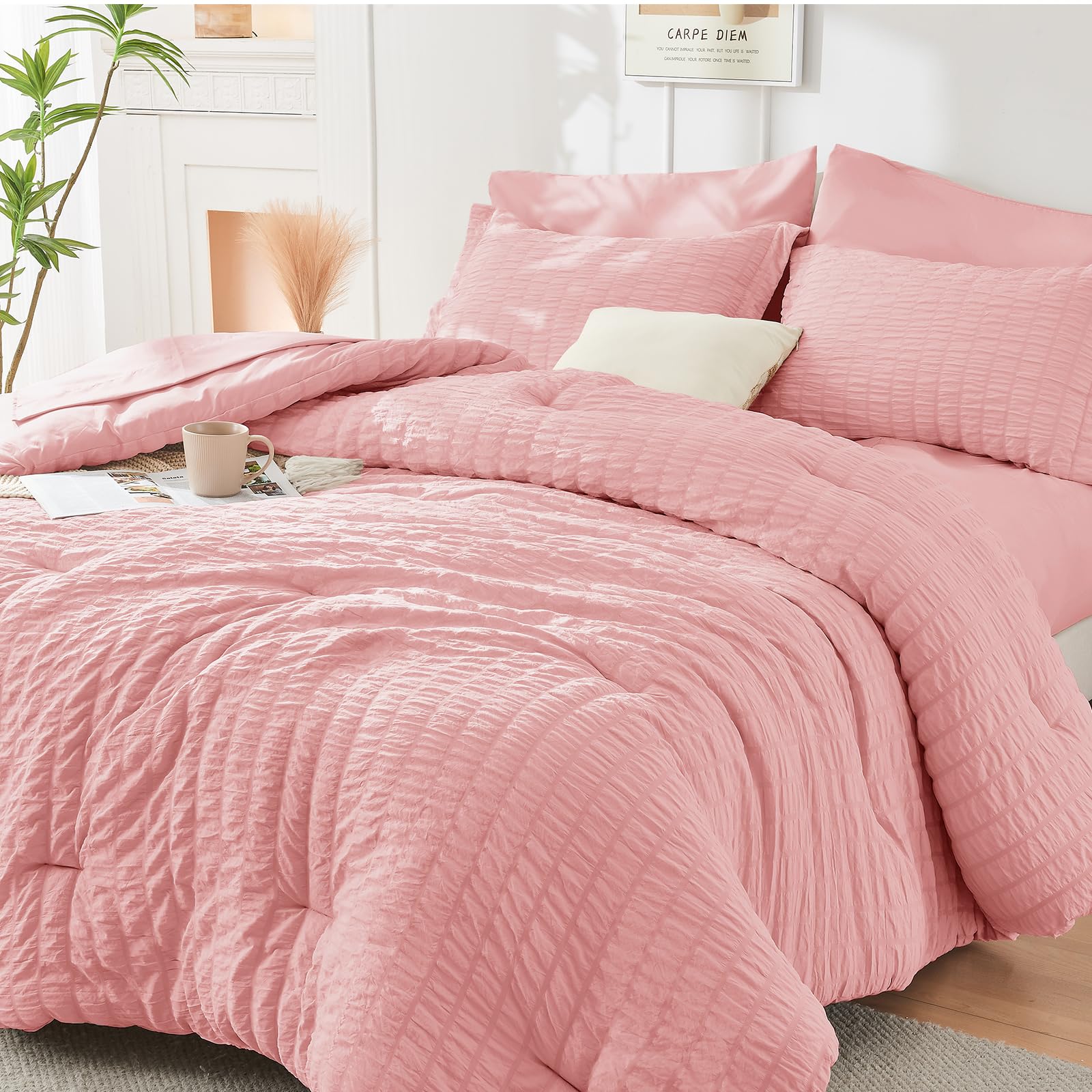 HYMOKEGE Black California King Comforter Set Seersucker 7 Pieces, All Season Luxury Bed in a Bag for Bedroom, Bedding Set with Comforters, Sheets, Pillowcases & Shams