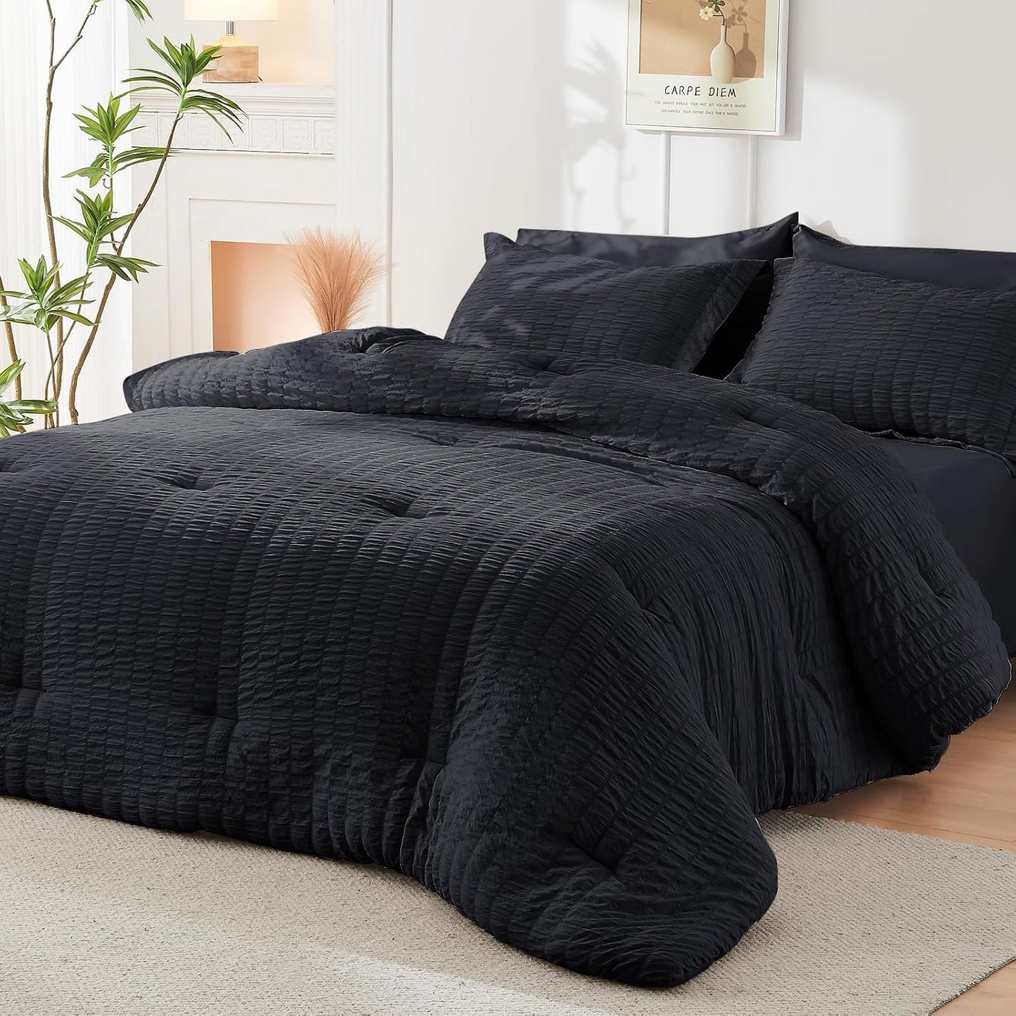HYMOKEGE Black California King Comforter Set Seersucker 7 Pieces, All Season Luxury Bed in a Bag for Bedroom, Bedding Set with Comforters, Sheets, Pillowcases & Shams