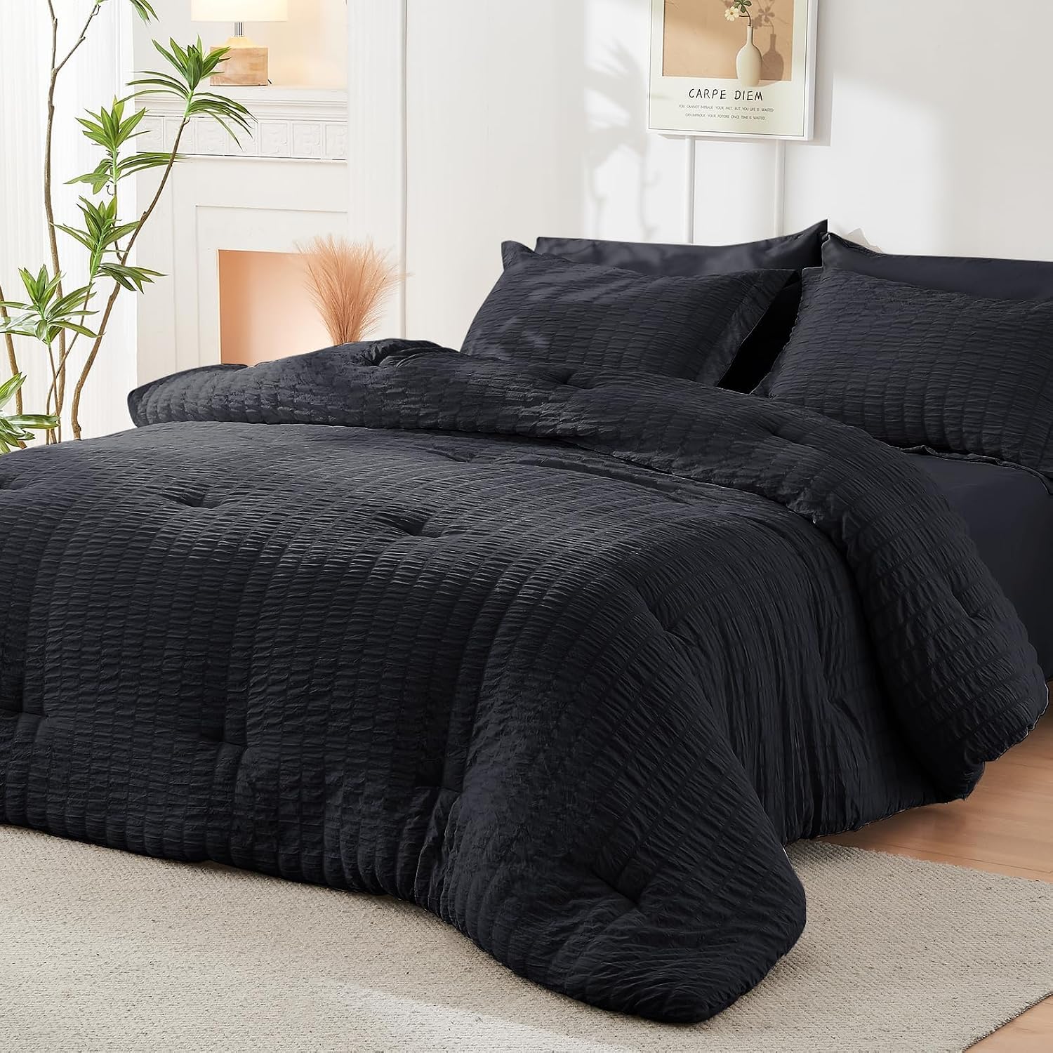 HYMOKEGE Black California King Comforter Set Seersucker 7 Pieces, All Season Luxury Bed in a Bag for Bedroom, Bedding Set with Comforters, Sheets, Pillowcases & Shams