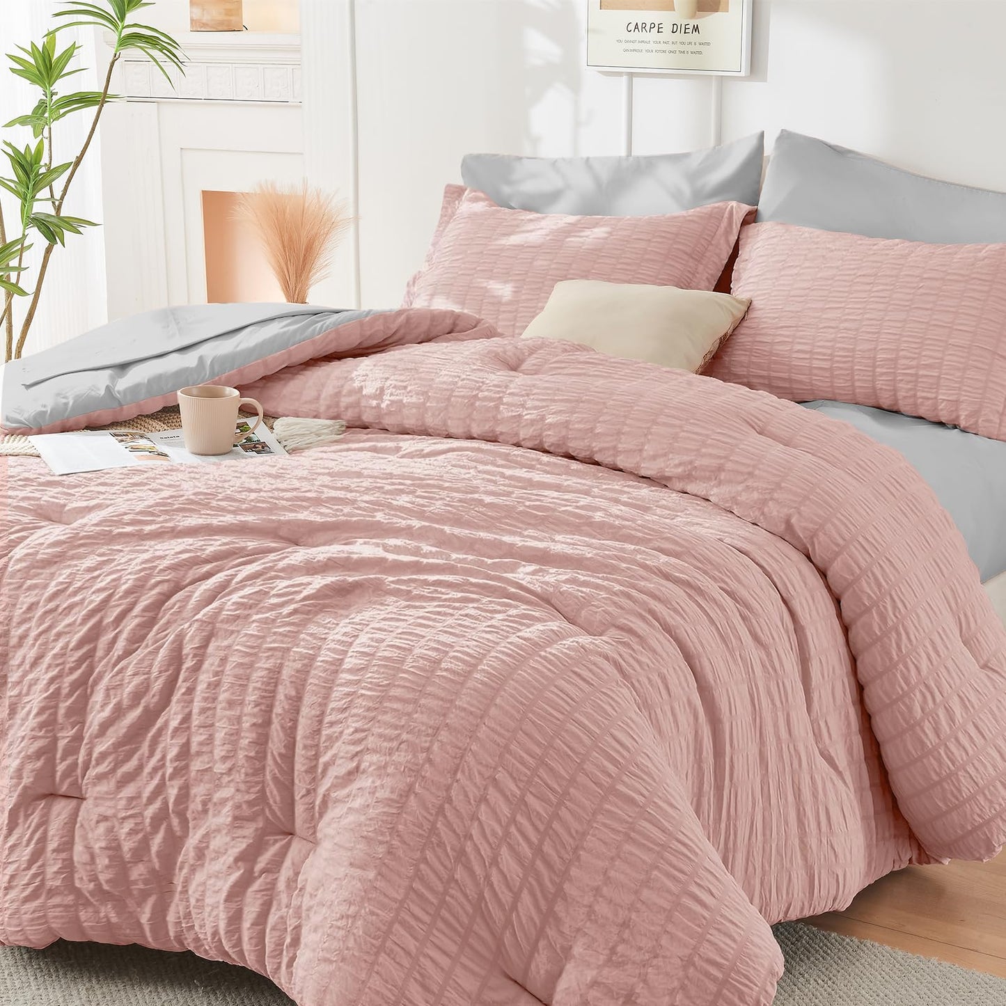 HYMOKEGE Black California King Comforter Set Seersucker 7 Pieces, All Season Luxury Bed in a Bag for Bedroom, Bedding Set with Comforters, Sheets, Pillowcases & Shams