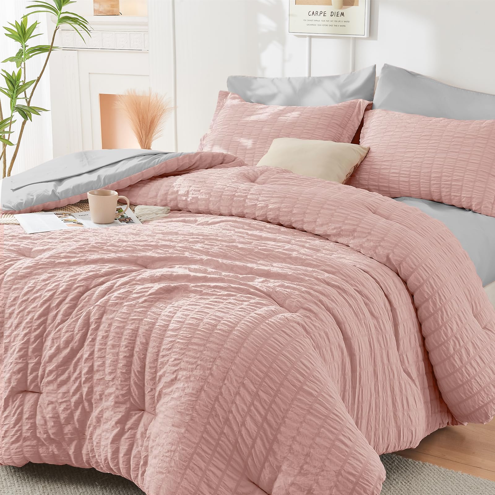 HYMOKEGE Black California King Comforter Set Seersucker 7 Pieces, All Season Luxury Bed in a Bag for Bedroom, Bedding Set with Comforters, Sheets, Pillowcases & Shams