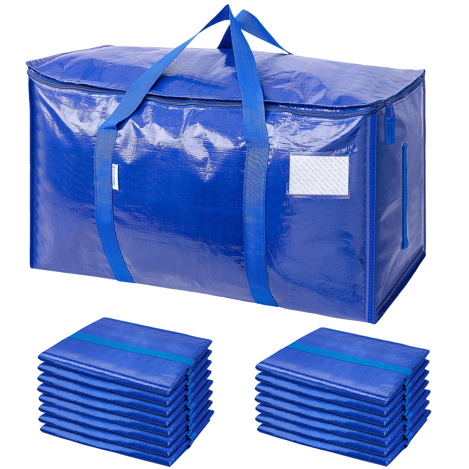 TICONN 12 Pack Extra Large Moving Bags Heavy Duty with Zippers & Carrying Handles, Durable Storage Bags Moving Boxes for Closet Organizers and Storage (12 Pack, Blue)