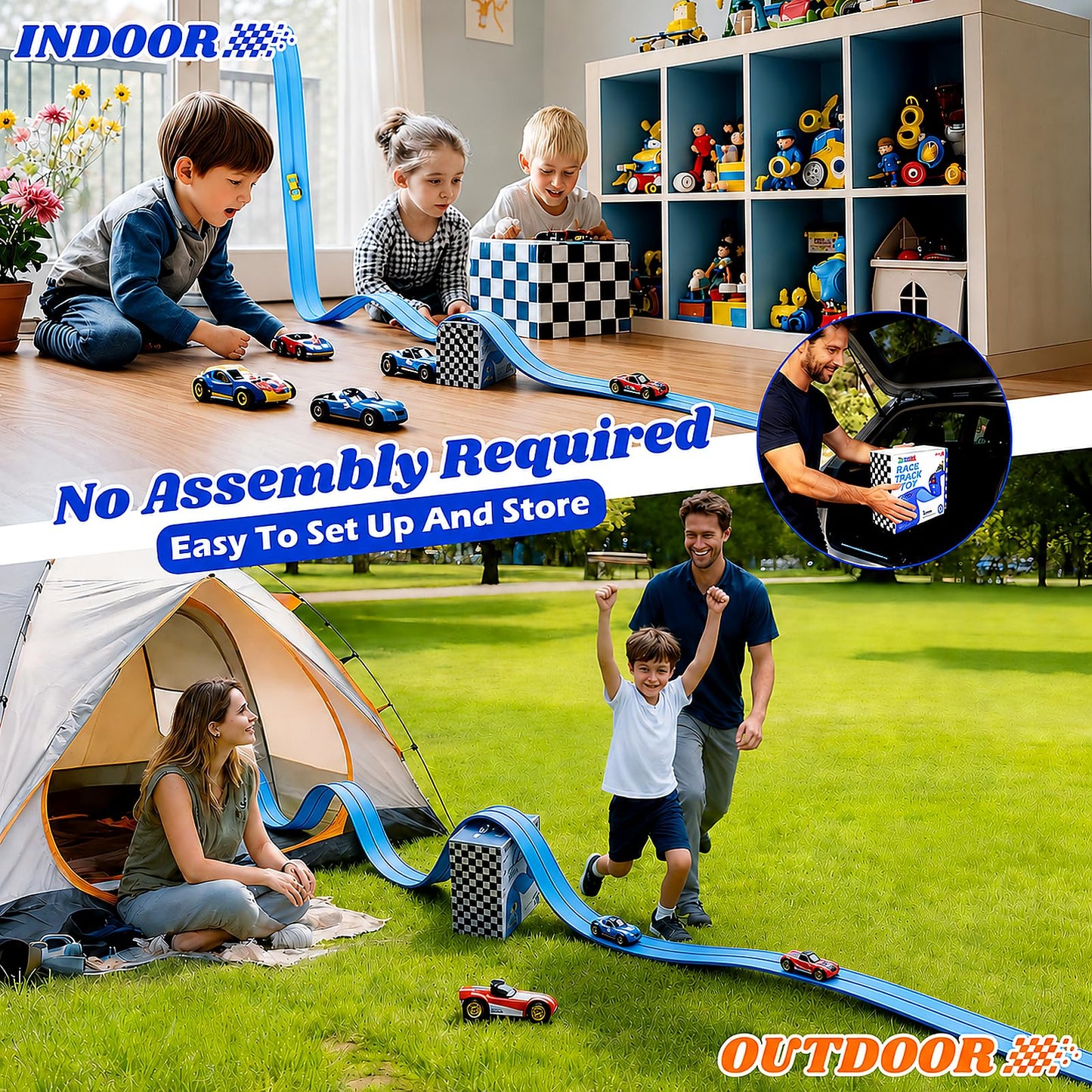 Flexible Race Track Toys for Kids: 15 Ft Flex Race Car Ramp Track with Suction Cups - Rolls Up Portable DIY Racetrack Compatible with Diecast 1/64th Cars Model - Birthday Gifts for Boys Girls Ages 3+