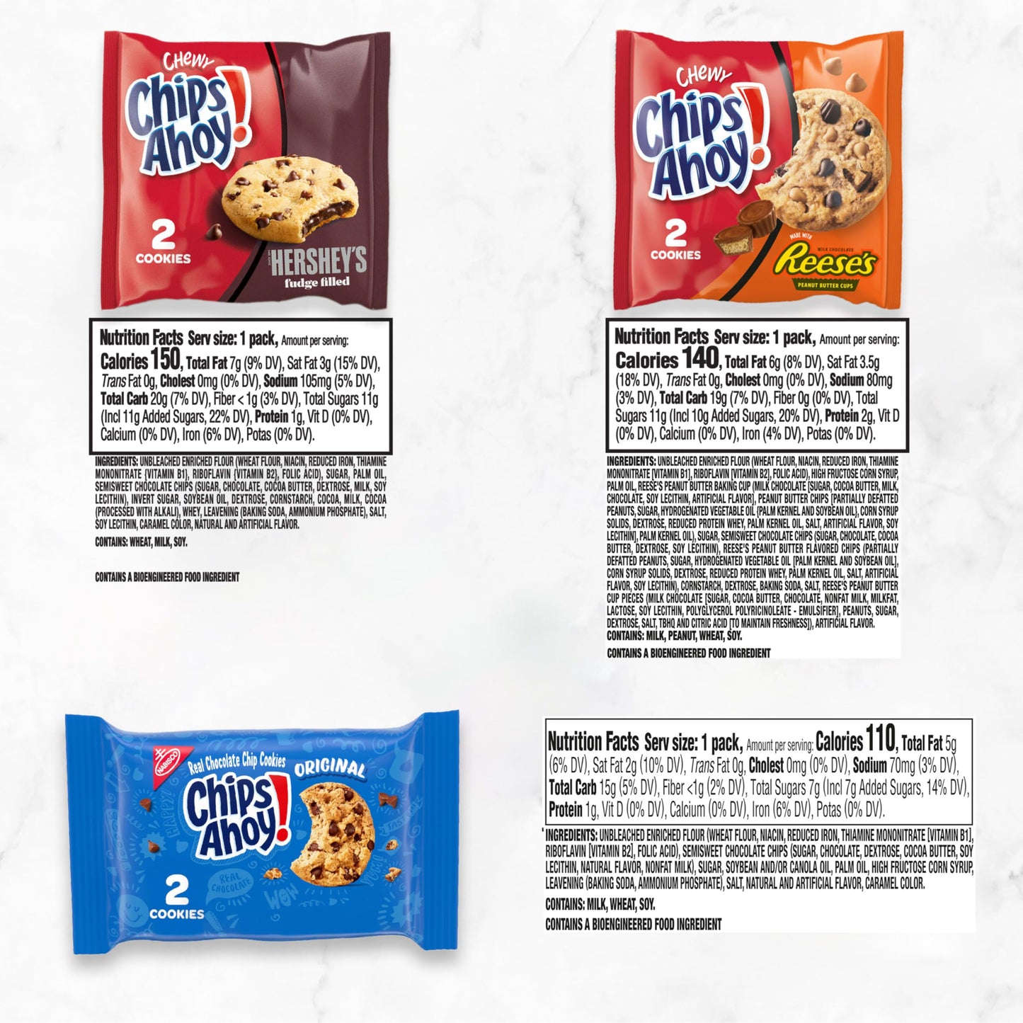 CHIPS AHOY! Cookies Variety Pack, Original Chocolate Chip, Chewy Chocolate Chip with Reese's Peanut Butter Cups & Chewy Hershey's Fudge Filled Soft Cookies, 50 Snack Packs (2 Cookies Per Pack)