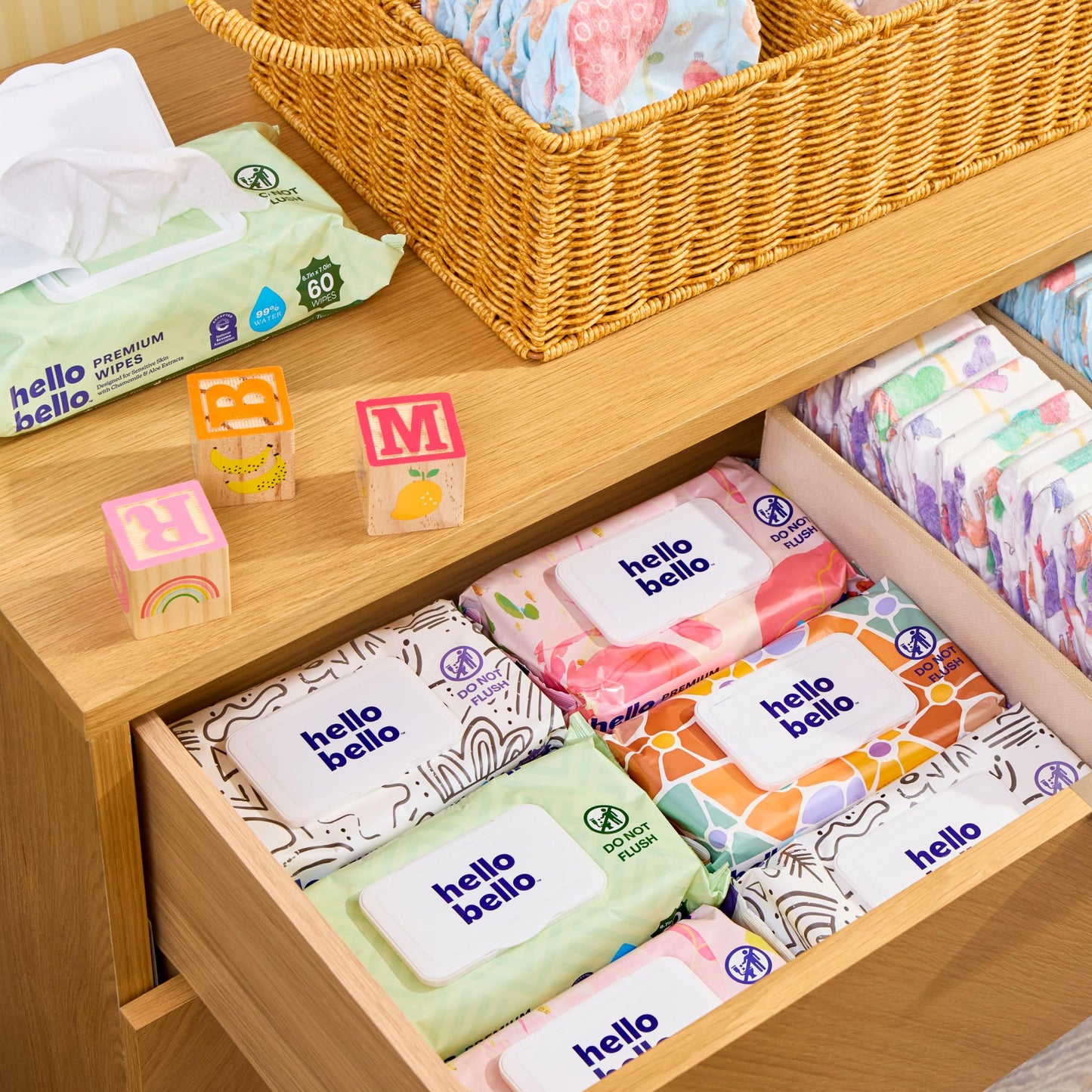 Hello Bello Premium Wipes, Designed for Sensitive Skin with Chamomile & Aloe Extracts, Playful Sketches (12 Resealable Packets = 720 Total Wipes)