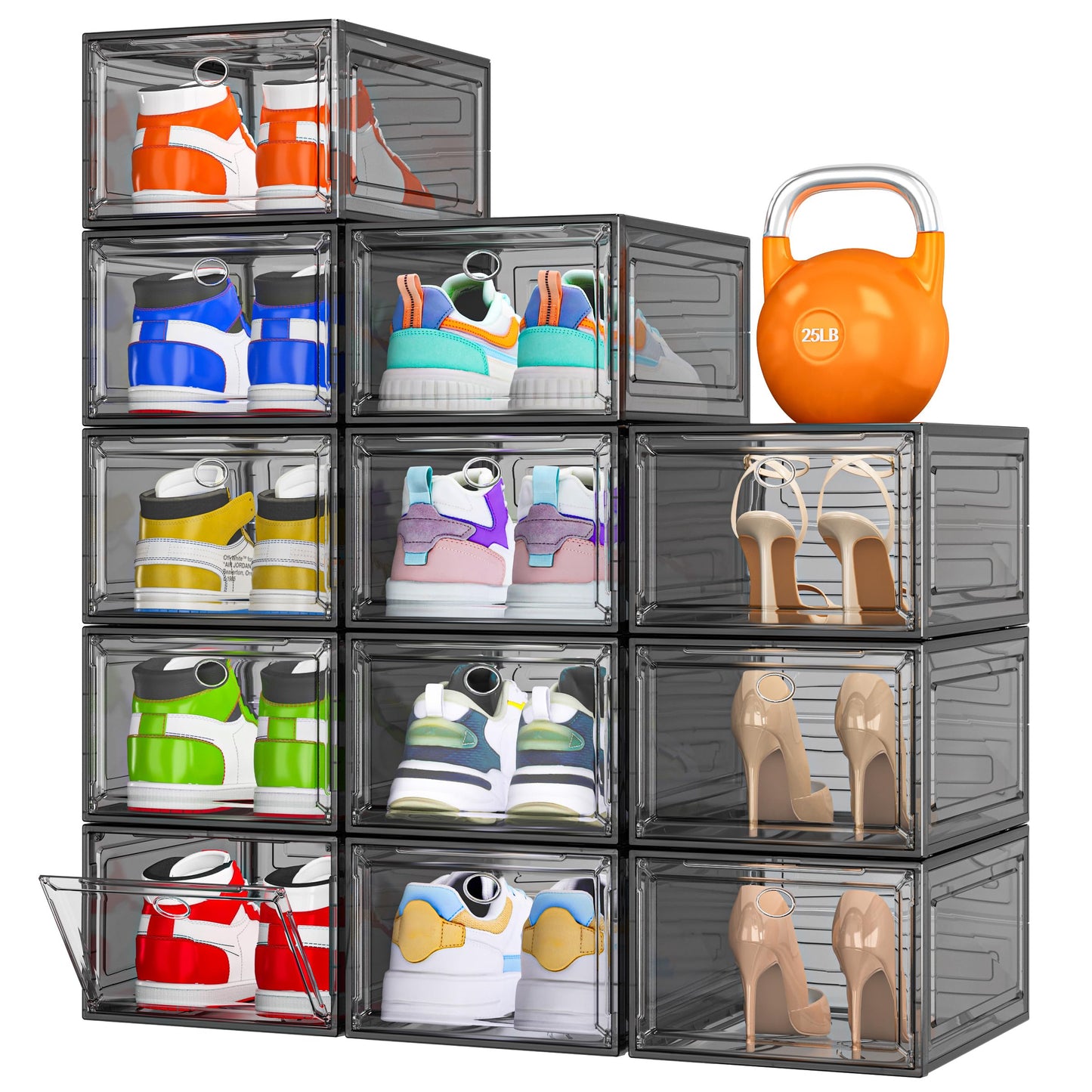 7 code Large Clear Shoe Boxes Organizer【Thicker Material】 Stronger Shoe Box with Magnetic Door, Stackable Shoe Storage Box for Closet, Foldable Space-Saving Storage Bins Shoe Cabinet, Black 9-Pack