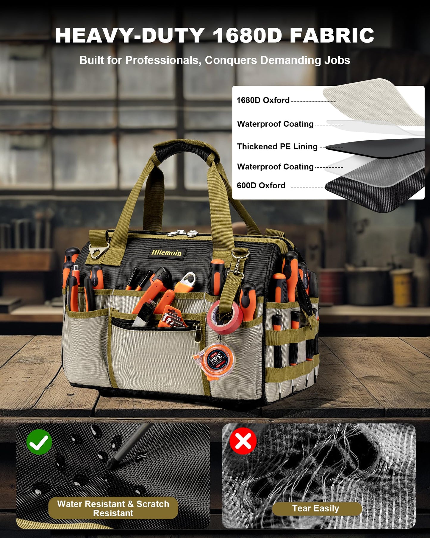 16.5-Inch Heavy Duty Tool Bags for Men, 32-Pocket Large Tool Organizer Storage, 1680D Oxford Tool Bag with Adjustable Shoulder Straps, Tool Storage Bag for HVAC, Electrician, Carpenter, Mechanic