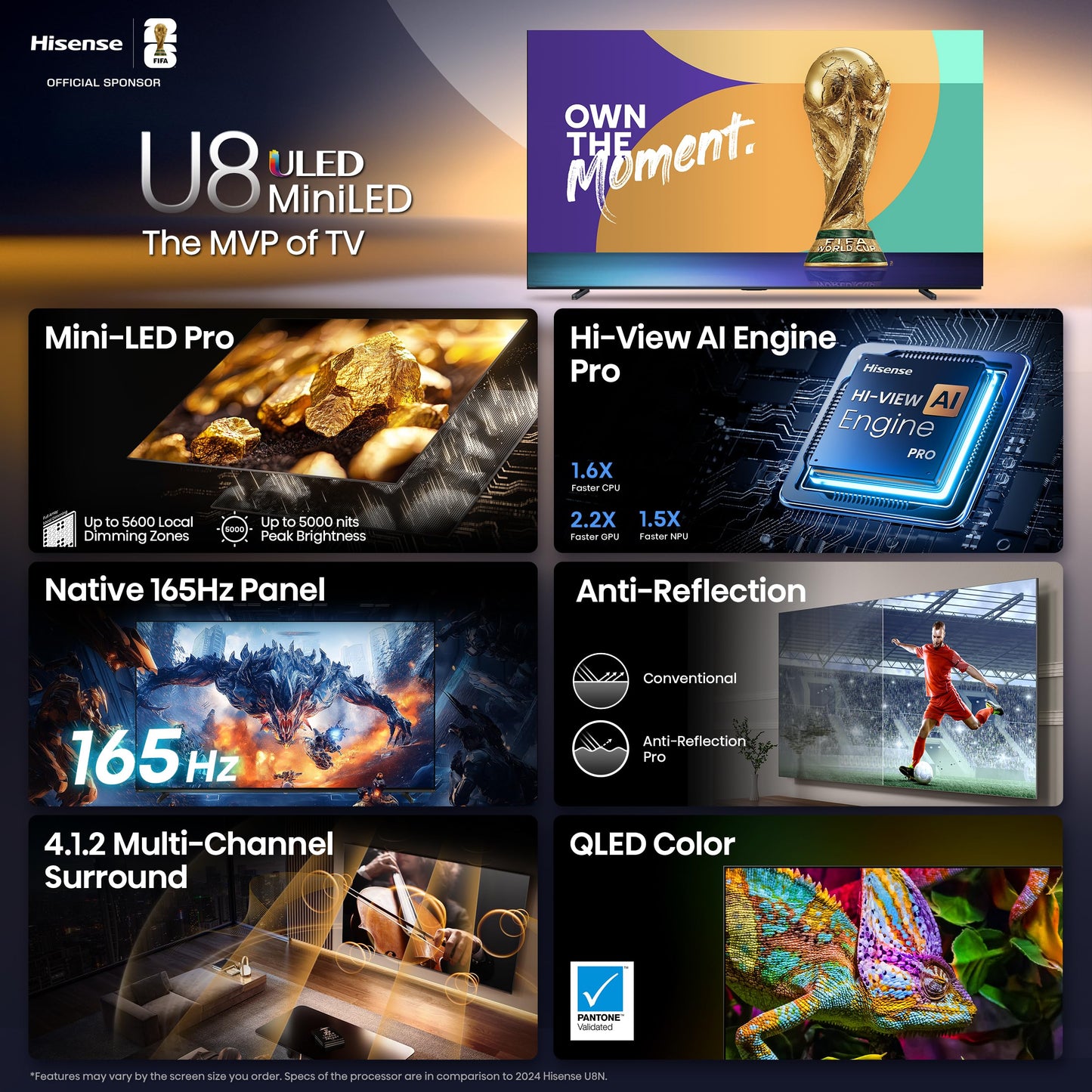 Hisense 100" Class U8 Mini-LED ULED 4K UHD Google Smart TV (100U8QG, 2025 Model) - QLED, Native 165Hz, VRR 288, Up to 5000 Nits, HDR10+, Dolby Vision IQ · Atmos, IMAX Enhanced, 4.1.2 Ch Surround