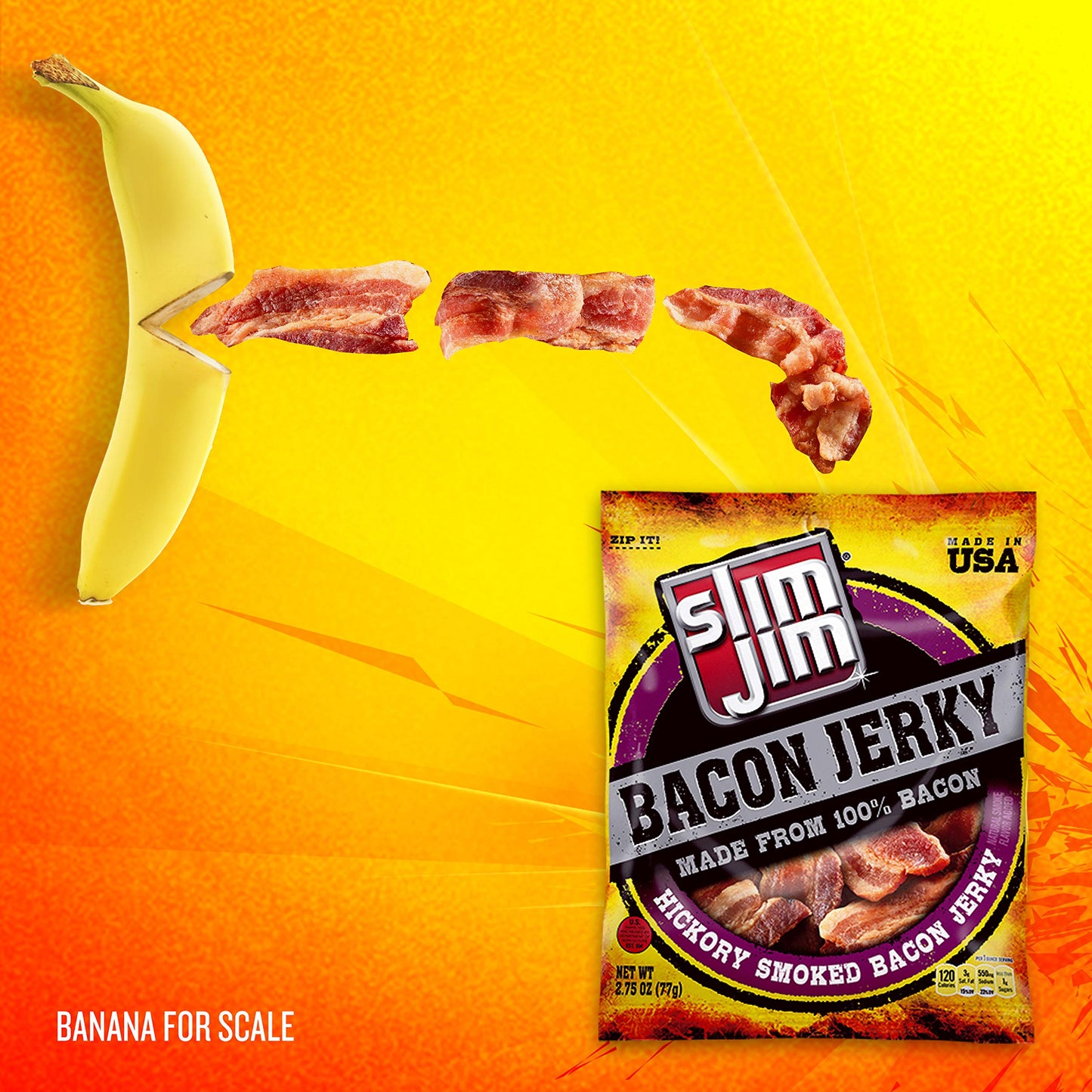 Slim Jim Smoked Bacon Jerky, Hickory Flavor, 10g Protein Per Serving, Father's Day Jerky Gift, 2.75 oz. (1 Count)