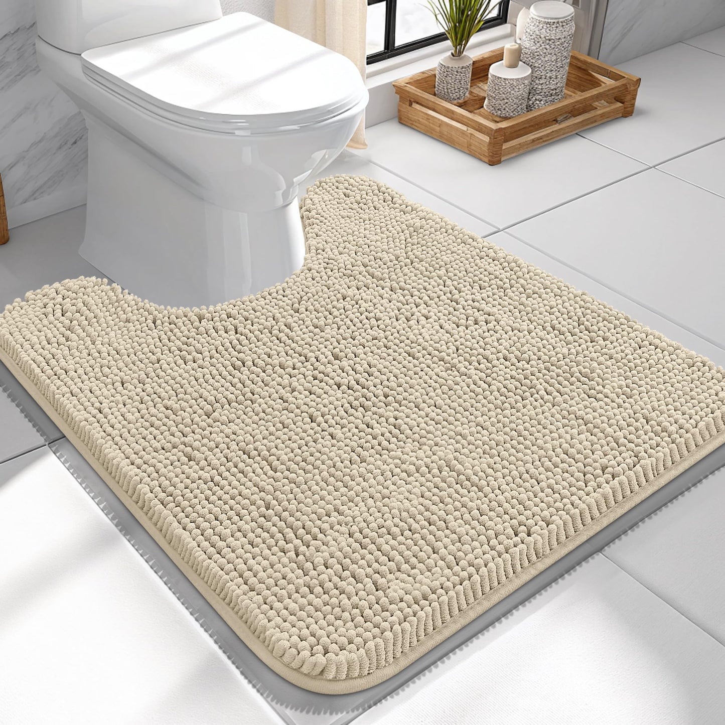 OLANLY Toilet Rugs U-Shaped 24x20, Extra Soft Absorbent Chenille Contour Bathroom Rugs for Toilet, Dry Quickly, Machine Washable, Non-Slip Bath Mat, Light Grey