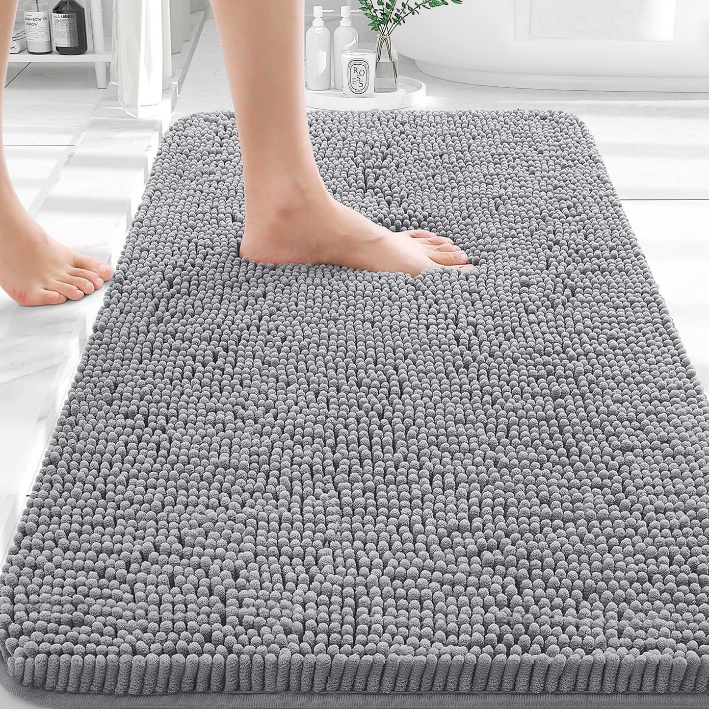 OLANLY Toilet Rugs U-Shaped 24x20, Extra Soft Absorbent Chenille Contour Bathroom Rugs for Toilet, Dry Quickly, Machine Washable, Non-Slip Bath Mat, Light Grey