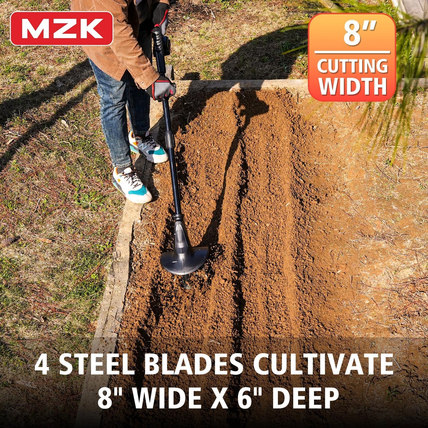 MZK 20V Cordless Tiller Cultivator with Steel Tines,8-inch Wide Battery Powered Garden Cultivator, 360RPM Electric Mini Tiller for Lawn/Gardening/Soil Cultivation(2 * 2AH Battery&Charger Included)