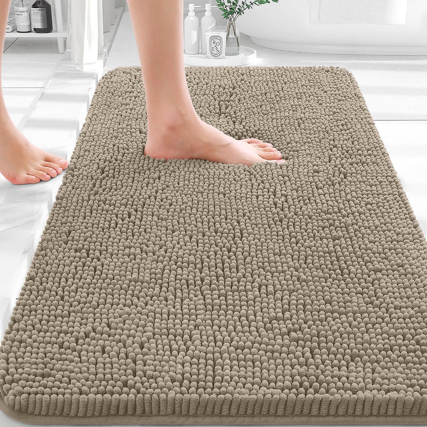 OLANLY Toilet Rugs U-Shaped 24x20, Extra Soft Absorbent Chenille Contour Bathroom Rugs for Toilet, Dry Quickly, Machine Washable, Non-Slip Bath Mat, Light Grey