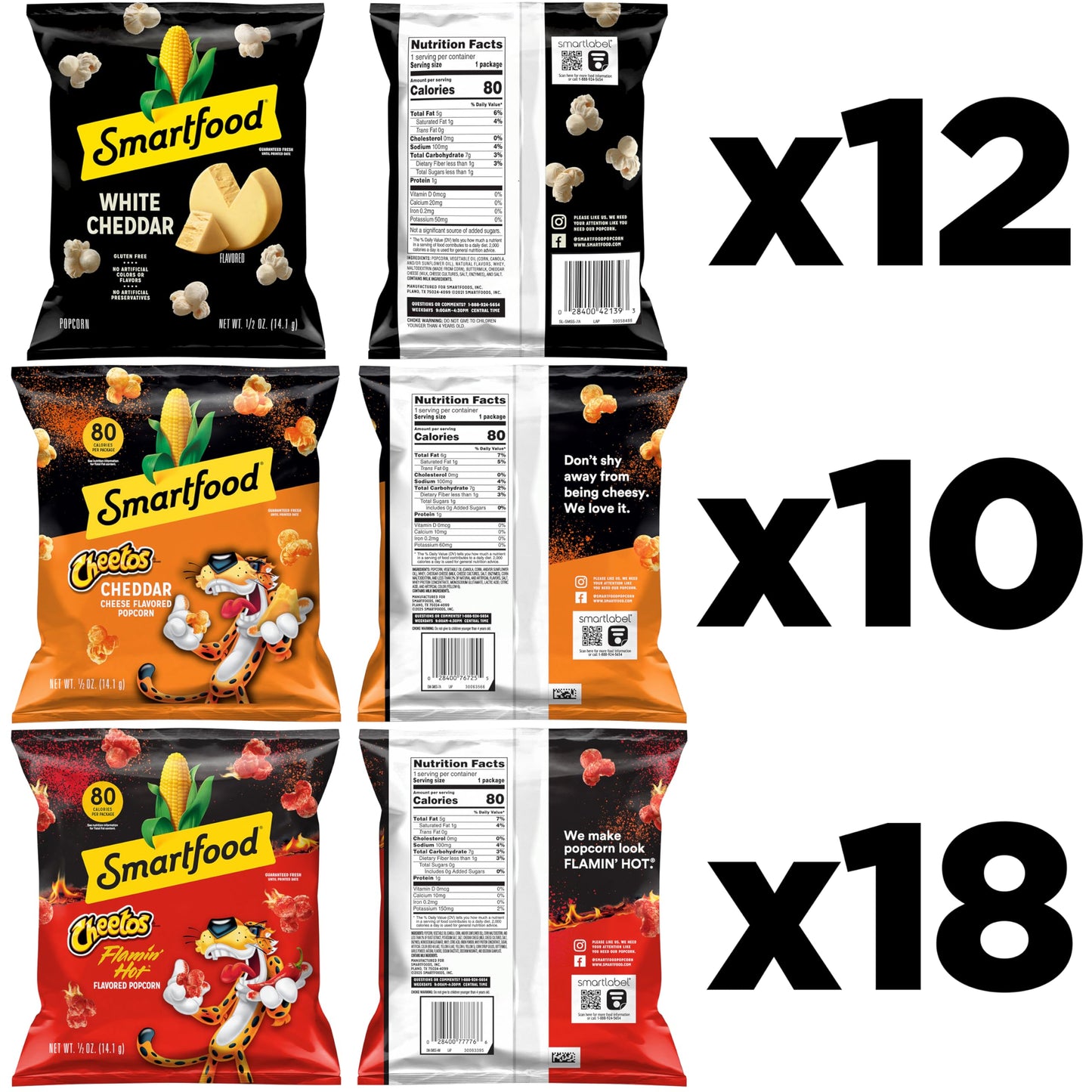 Smartfood Popcorn, White Cheddar and Flamin' Hot White Cheddar Variety Pack, 0.5 Ounce (Pack of 40)