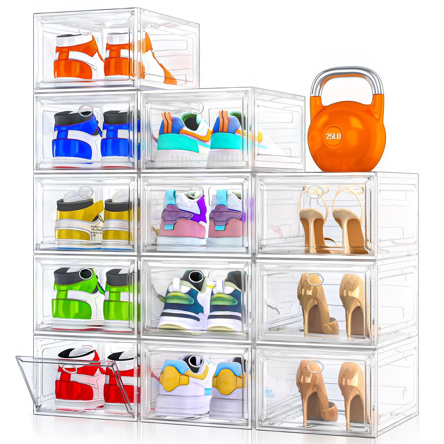 7 code Large Clear Shoe Boxes Organizer【Thicker Material】 Stronger Shoe Box with Magnetic Door, Stackable Shoe Storage Box for Closet, Foldable Space-Saving Storage Bins Shoe Cabinet, Black 9-Pack