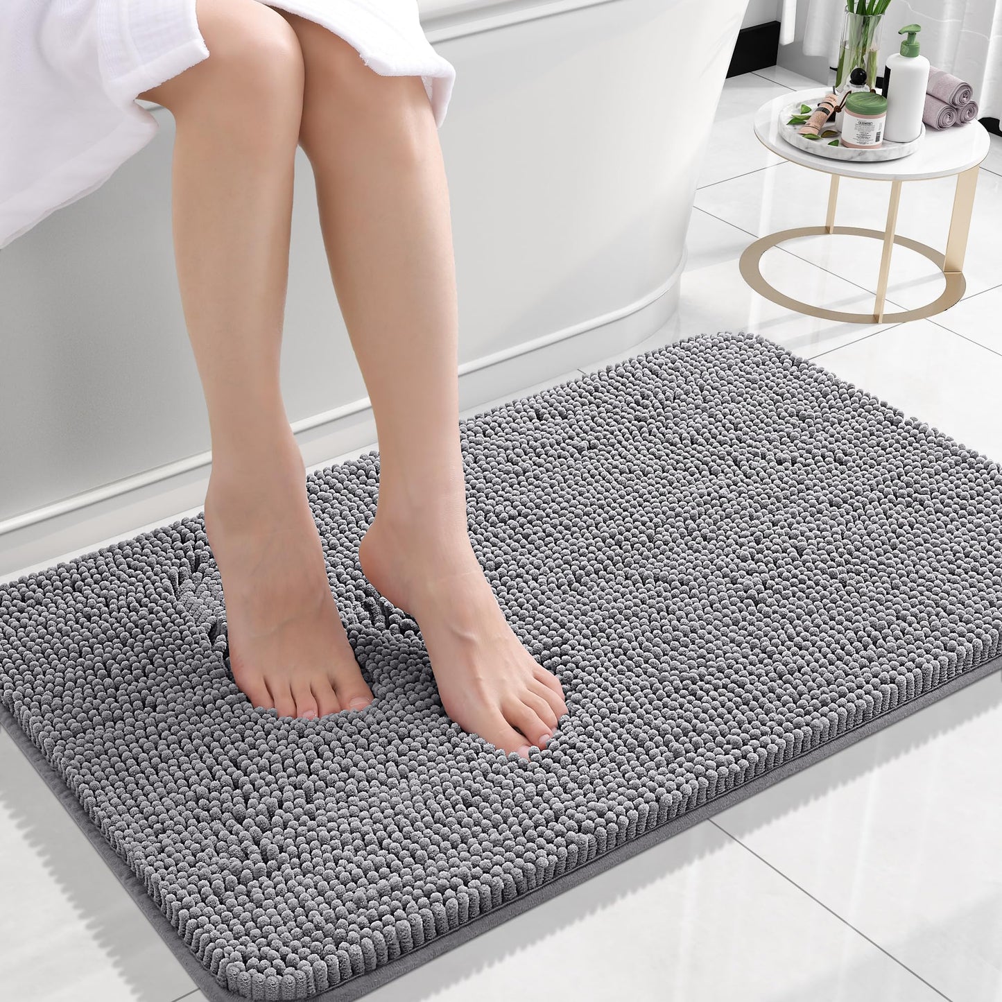 OLANLY Toilet Rugs U-Shaped 24x20, Extra Soft Absorbent Chenille Contour Bathroom Rugs for Toilet, Dry Quickly, Machine Washable, Non-Slip Bath Mat, Light Grey